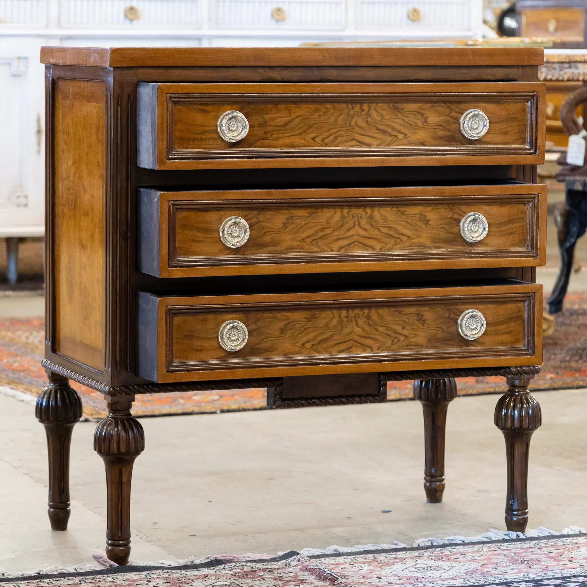 Louis XVI Burl Wood Chest with Ballerina Legs & Notched Rope Trim - Image 3