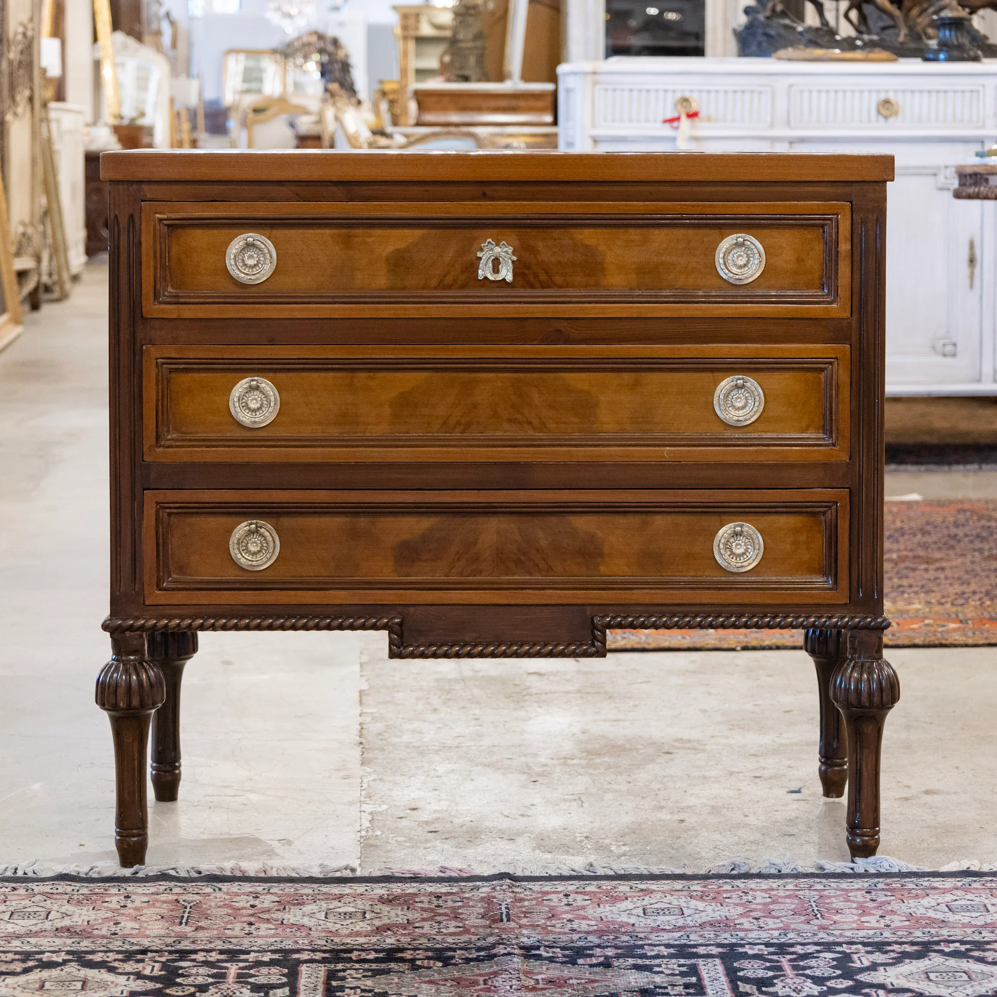 Louis XVI Burl Wood Chest with Ballerina Legs & Bow Hardware