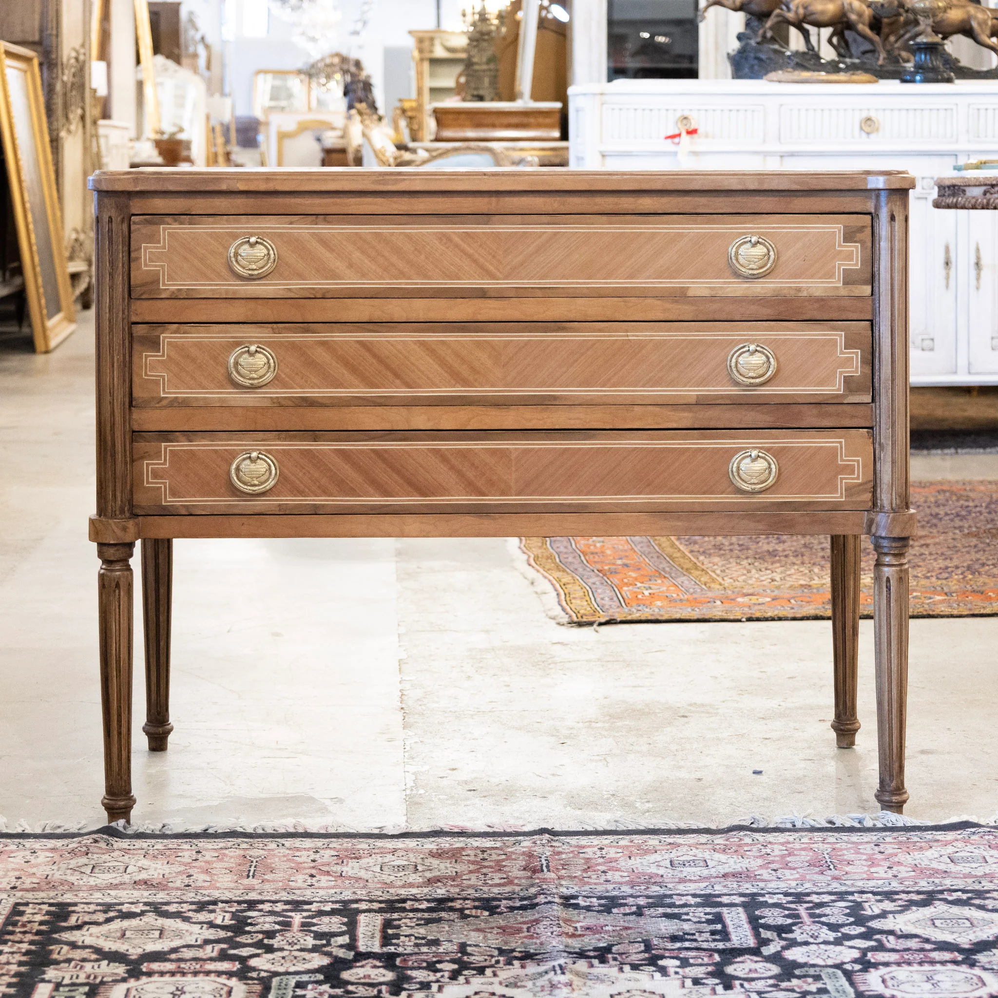 Louis XVI Burl Wood Chest with Inlaid Trim & Round Greek Pulls