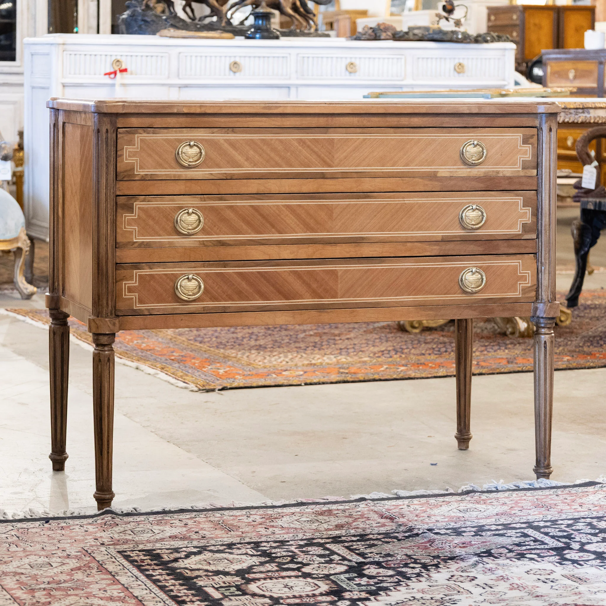 Louis XVI Burl Wood Chest with Inlaid Trim & Round Greek Pulls - Image 2