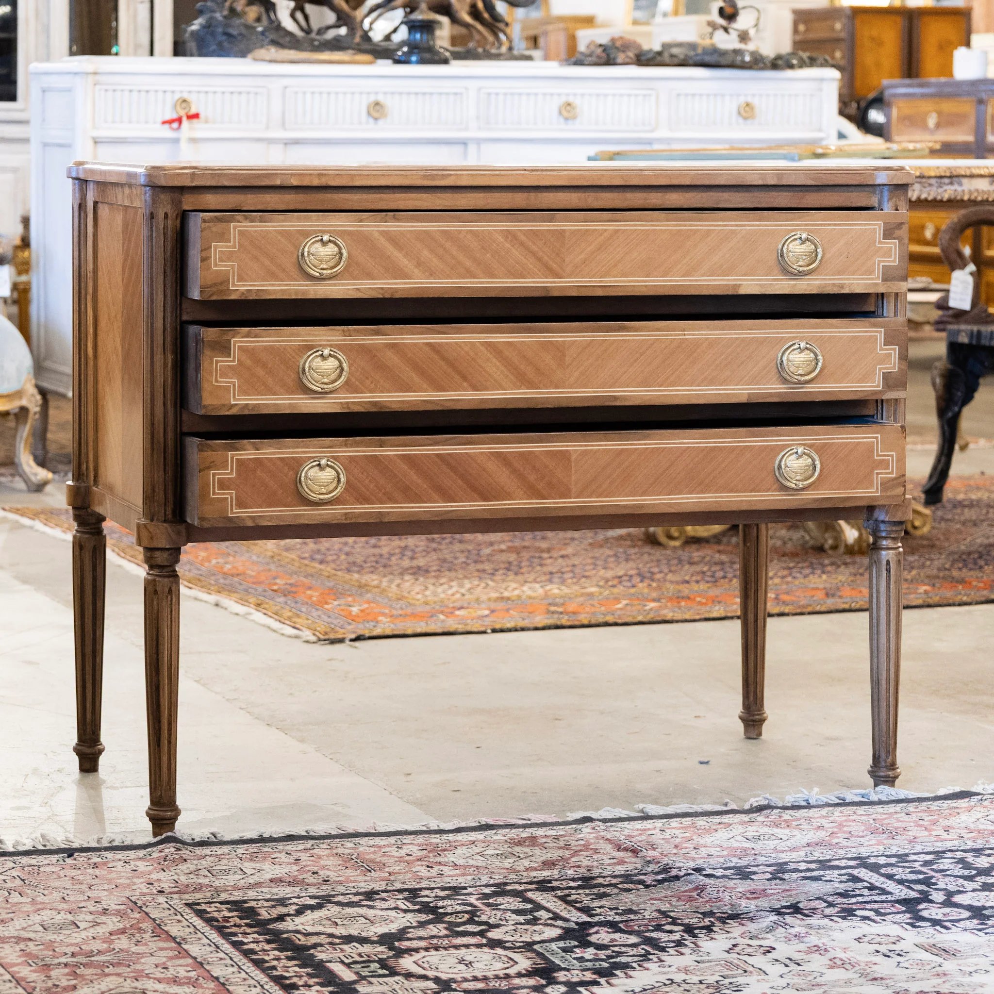 Louis XVI Burl Wood Chest with Inlaid Trim & Round Greek Pulls - Image 3