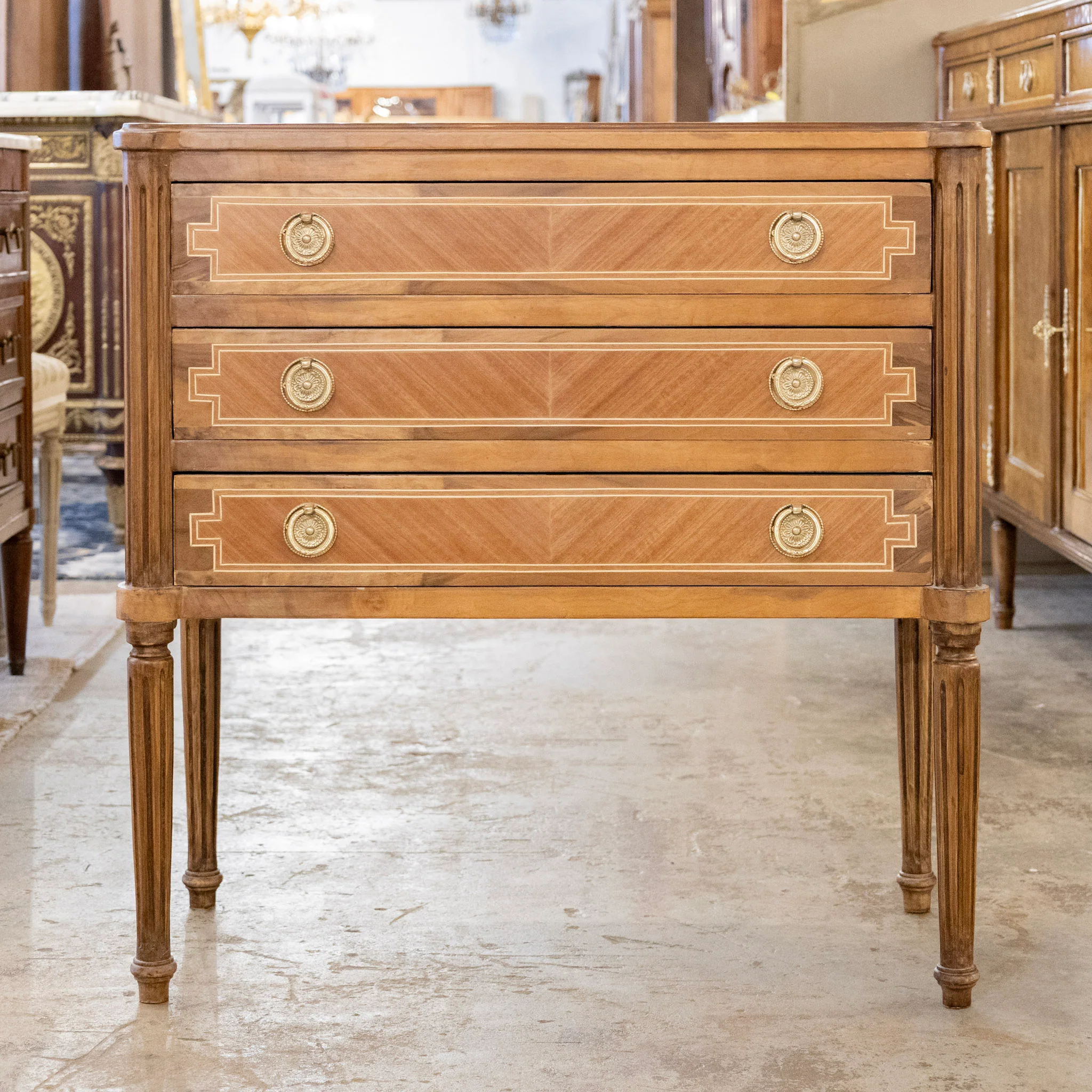 Louis XVI Burl Wood Chest with Inlaid Trim & Round Brass Pulls