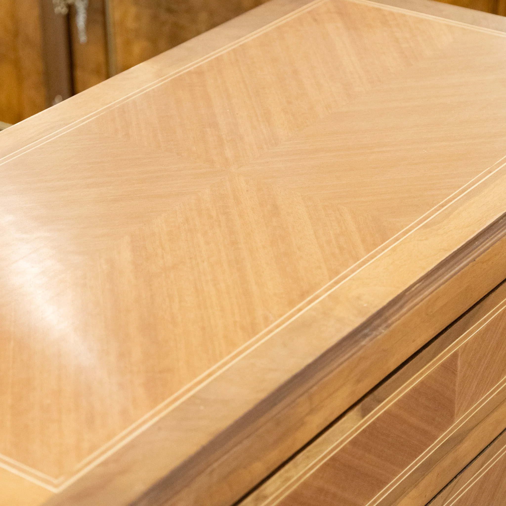 Louis XVI Burl Wood Chest with Inlaid Trim & Round Brass Pulls - Image 5