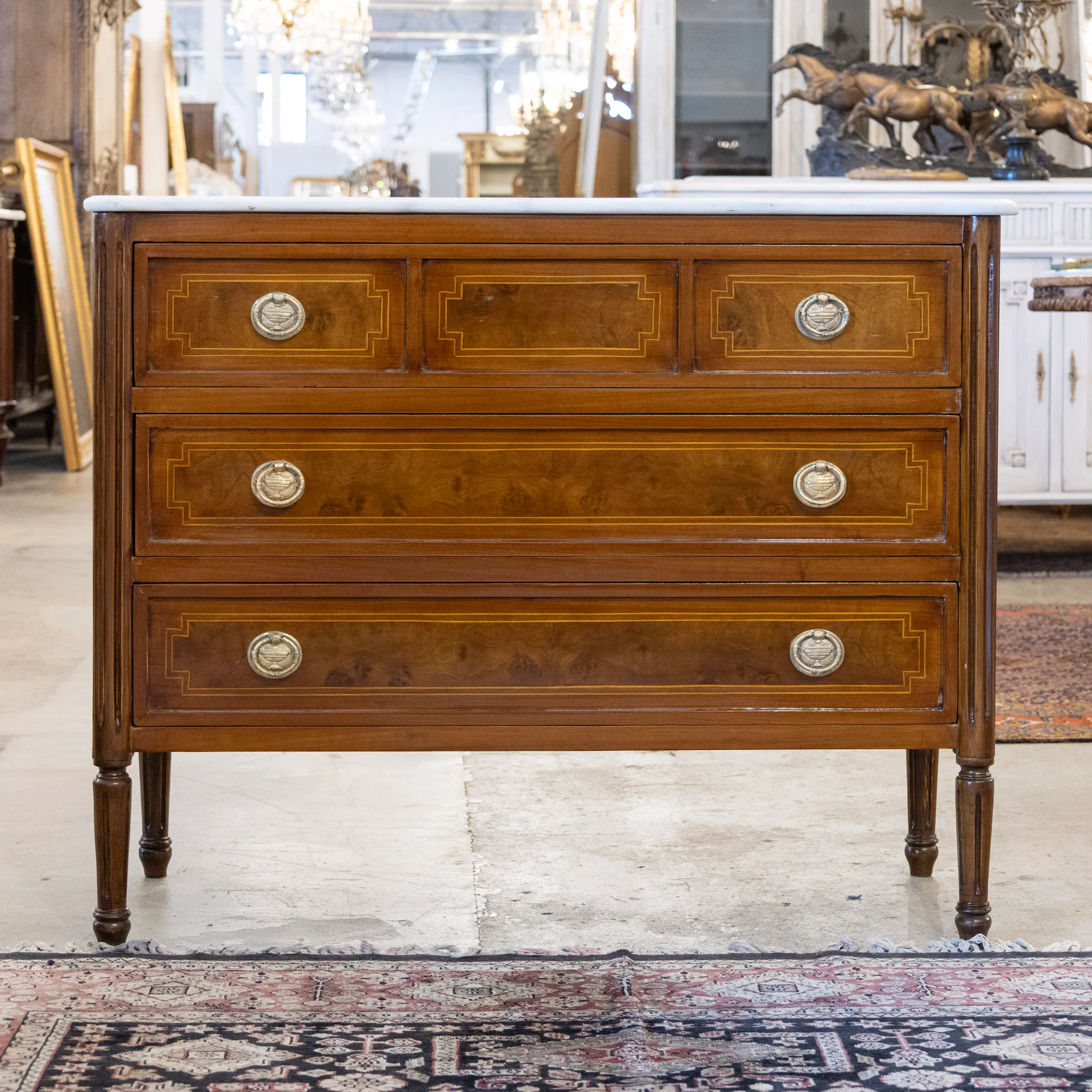 Louis XVI Burl Wood Chest with Inlay & White Marble Top