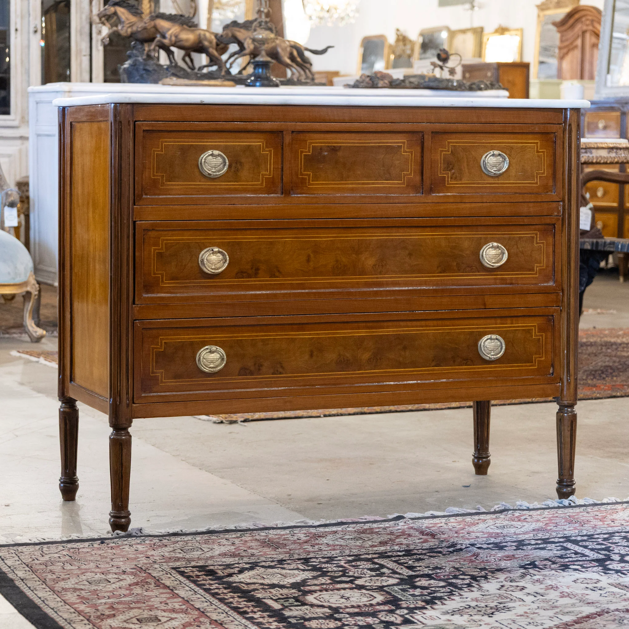 Louis XVI Burl Wood Chest with Inlay & White Marble Top - Image 2