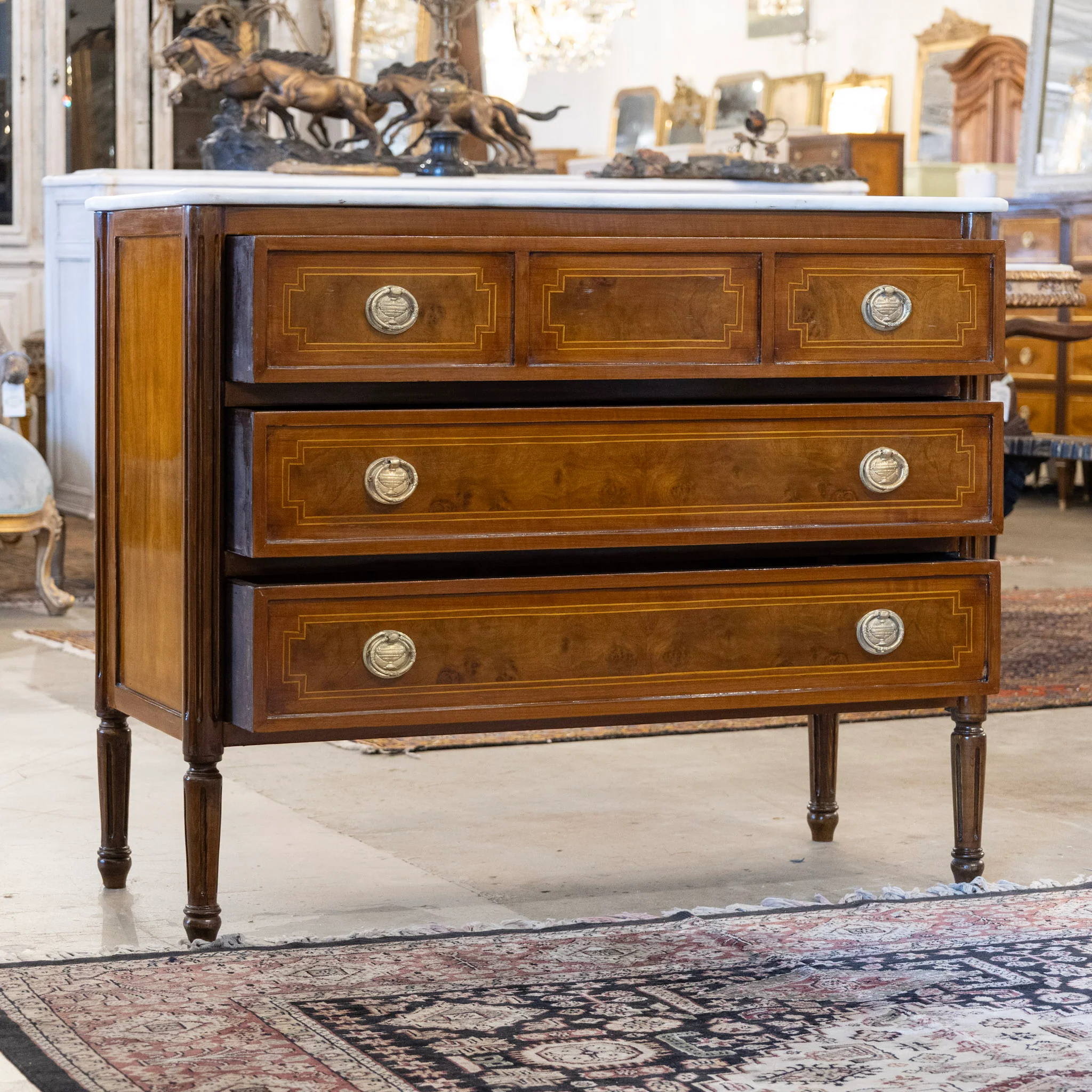 Louis XVI Burl Wood Chest with Inlay & White Marble Top - Image 3