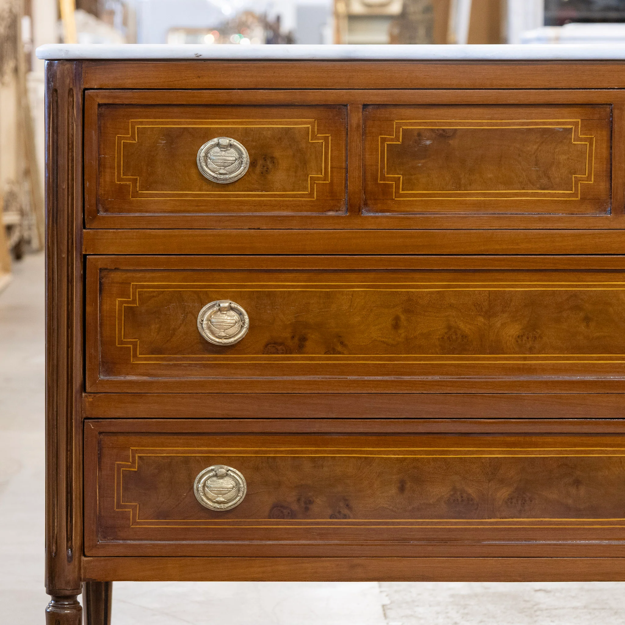 Louis XVI Burl Wood Chest with Inlay & White Marble Top - Image 4