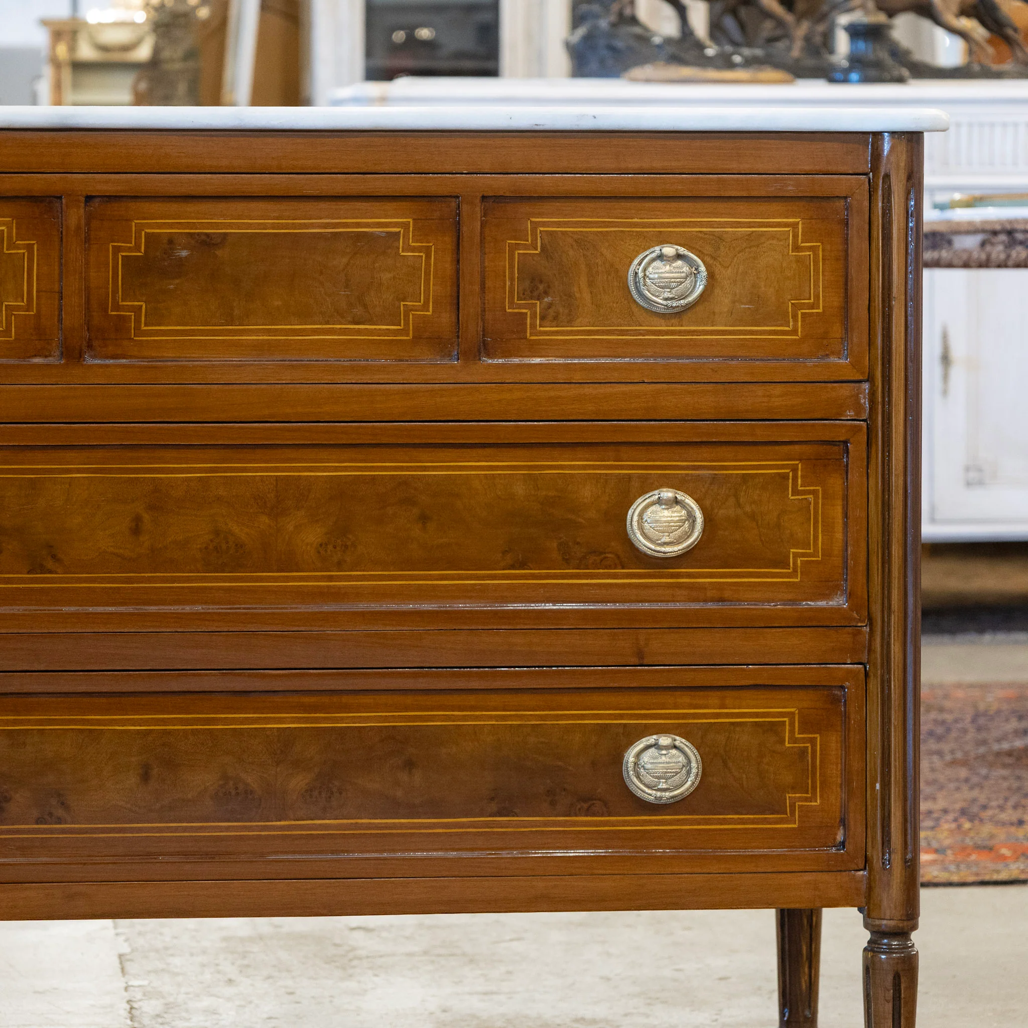 Louis XVI Burl Wood Chest with Inlay & White Marble Top - Image 5