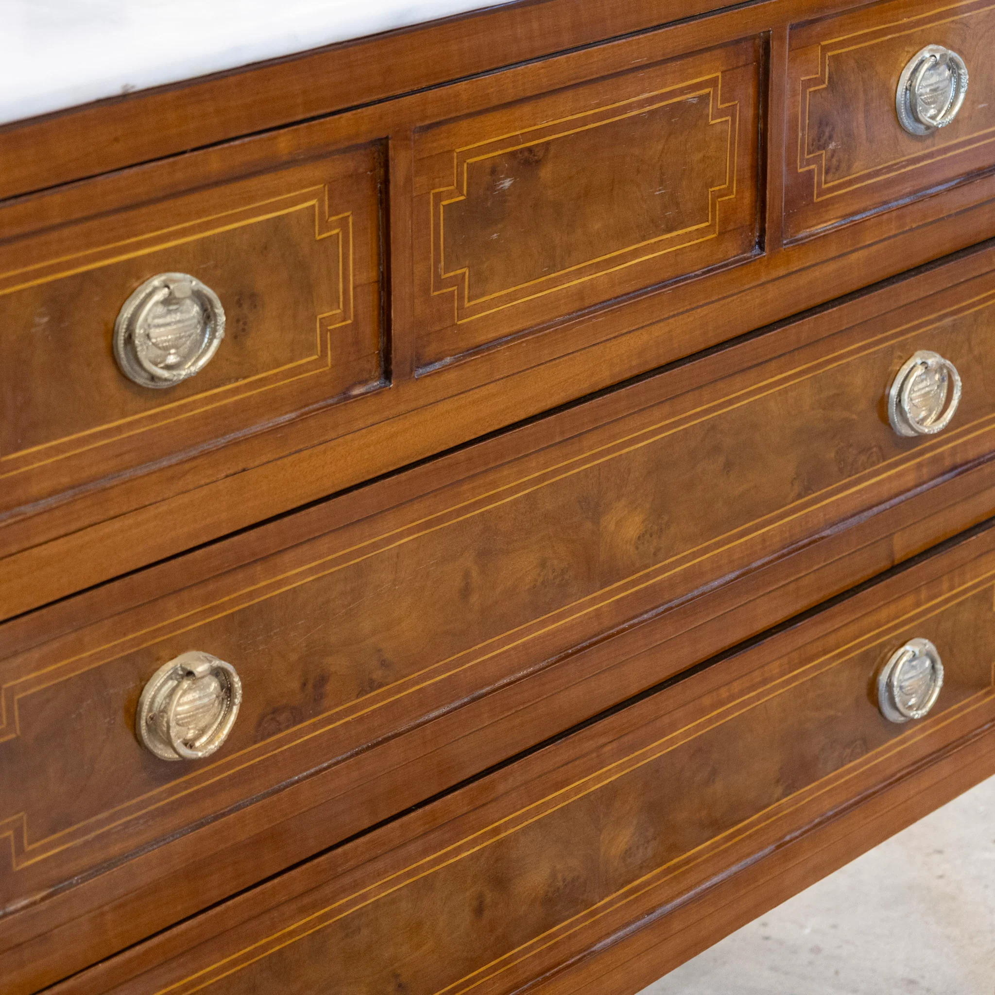 Louis XVI Burl Wood Chest with Inlay & White Marble Top - Image 6