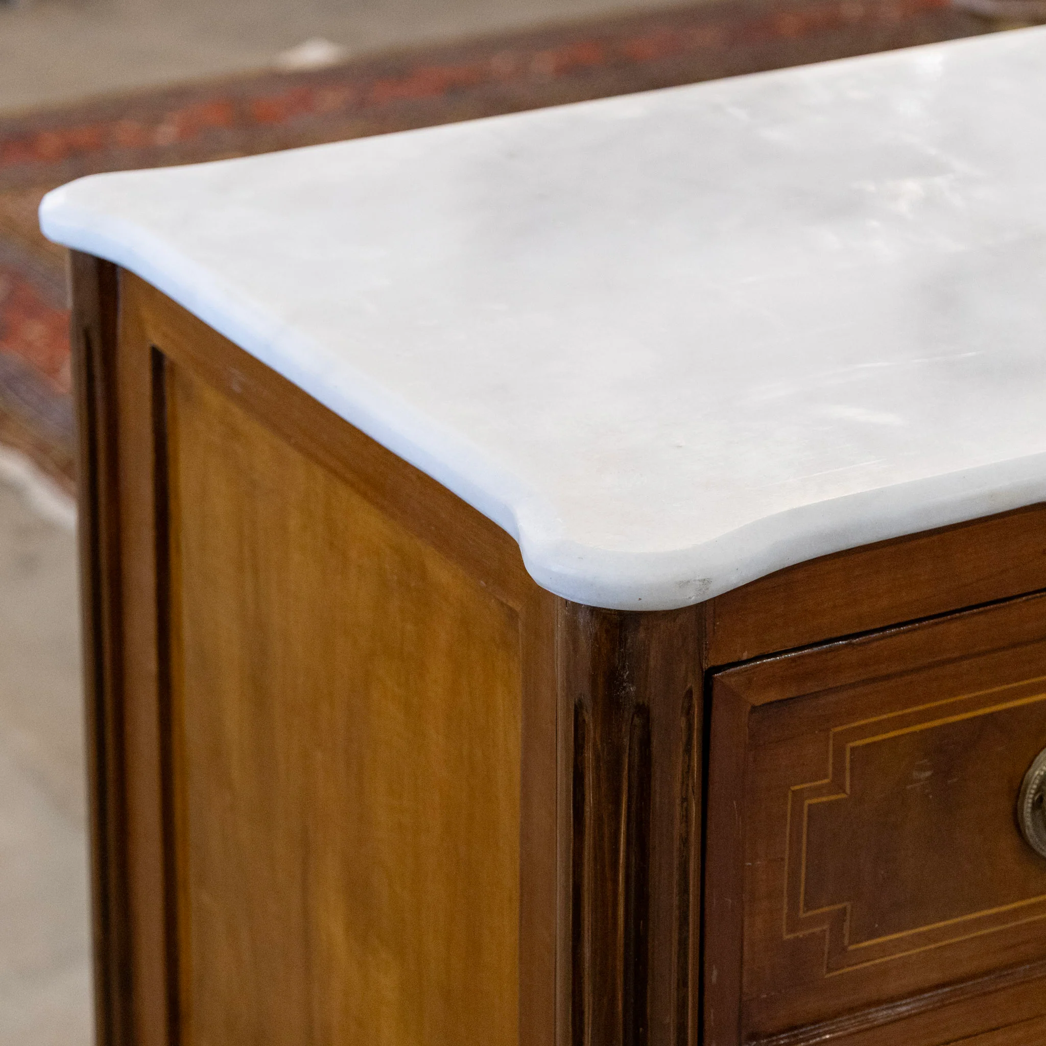Louis XVI Burl Wood Chest with Inlay & White Marble Top - Image 7