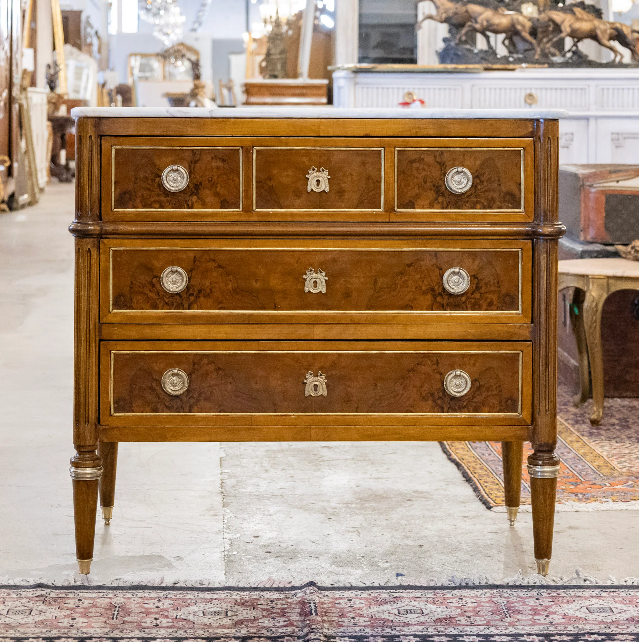 Louis XVI Burl Wood Chest with White Marble Top & Gold Inlay