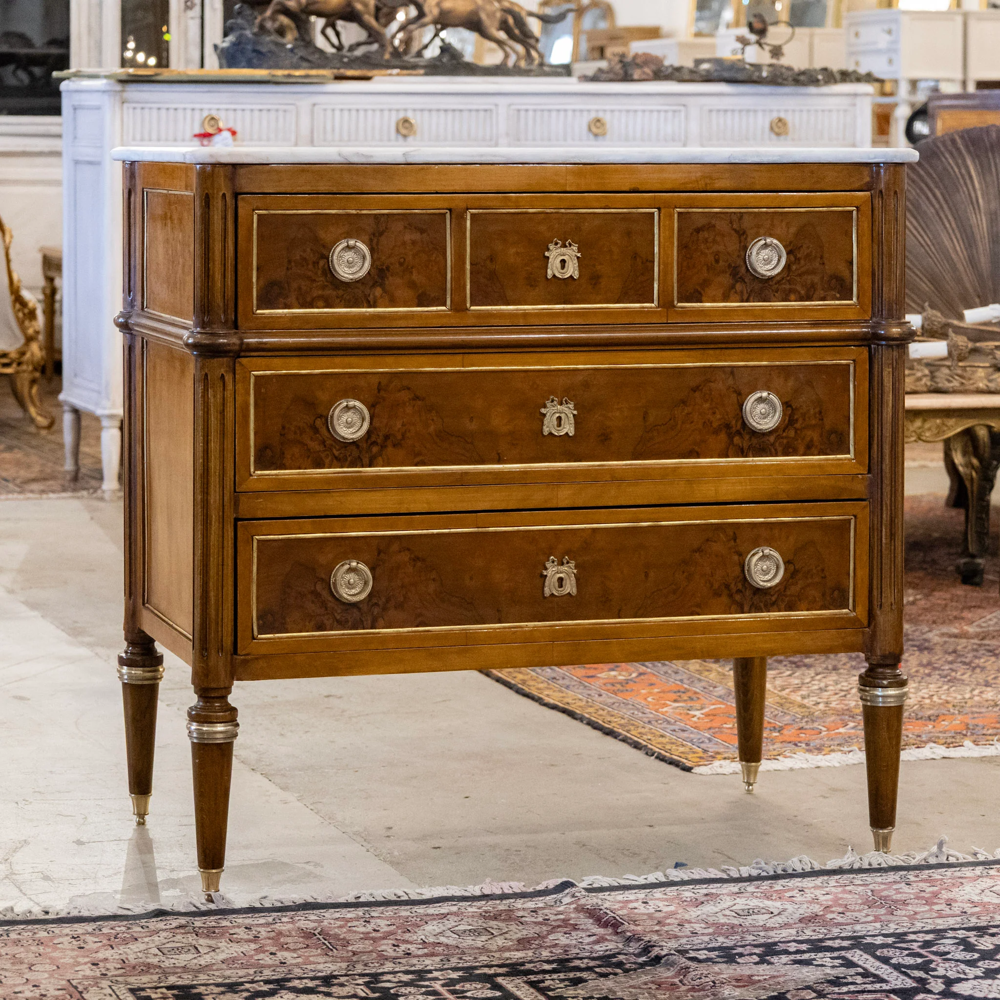 Louis XVI Burl Wood Chest with White Marble Top & Gold Inlay - Image 2