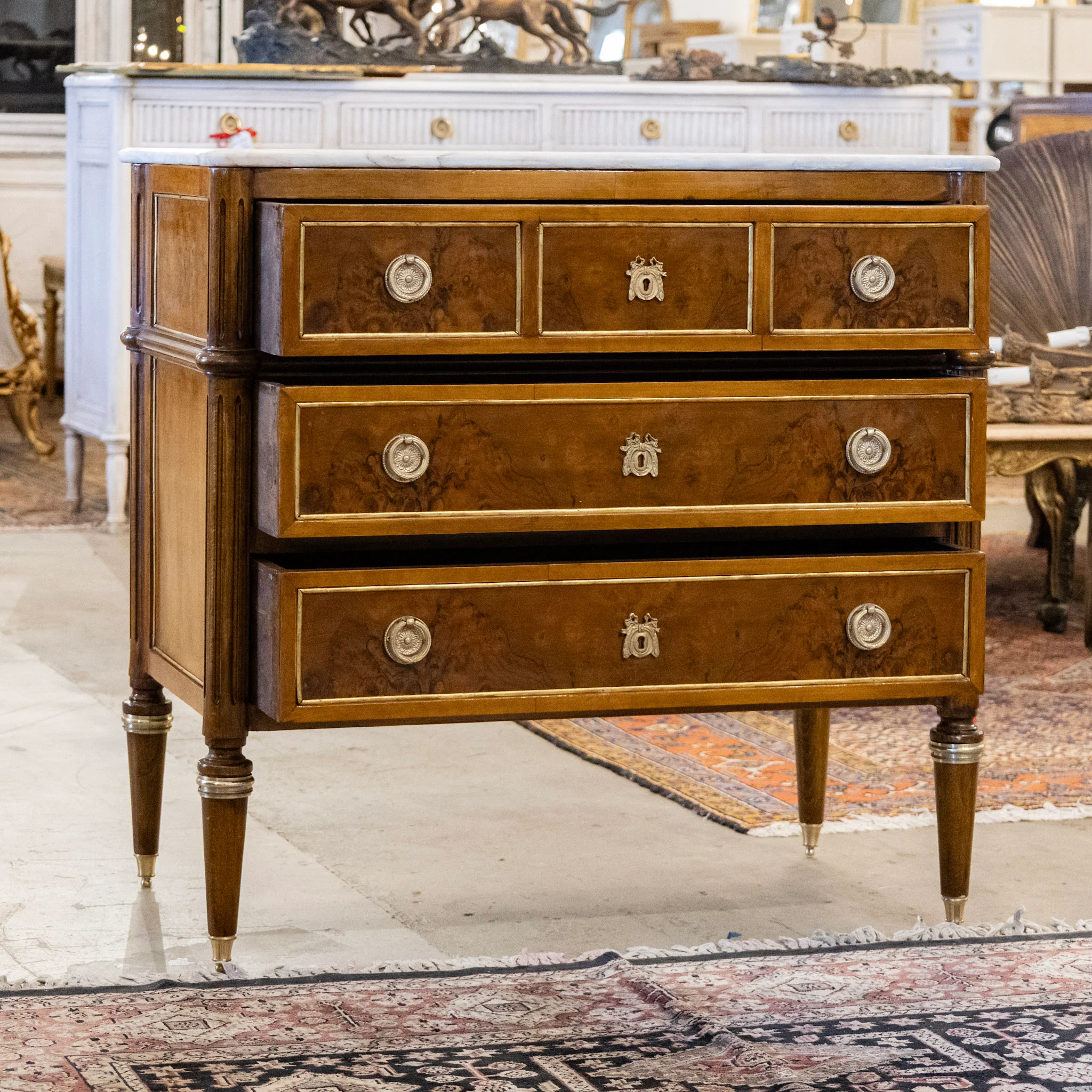 Louis XVI Burl Wood Chest with White Marble Top & Gold Inlay - Image 3