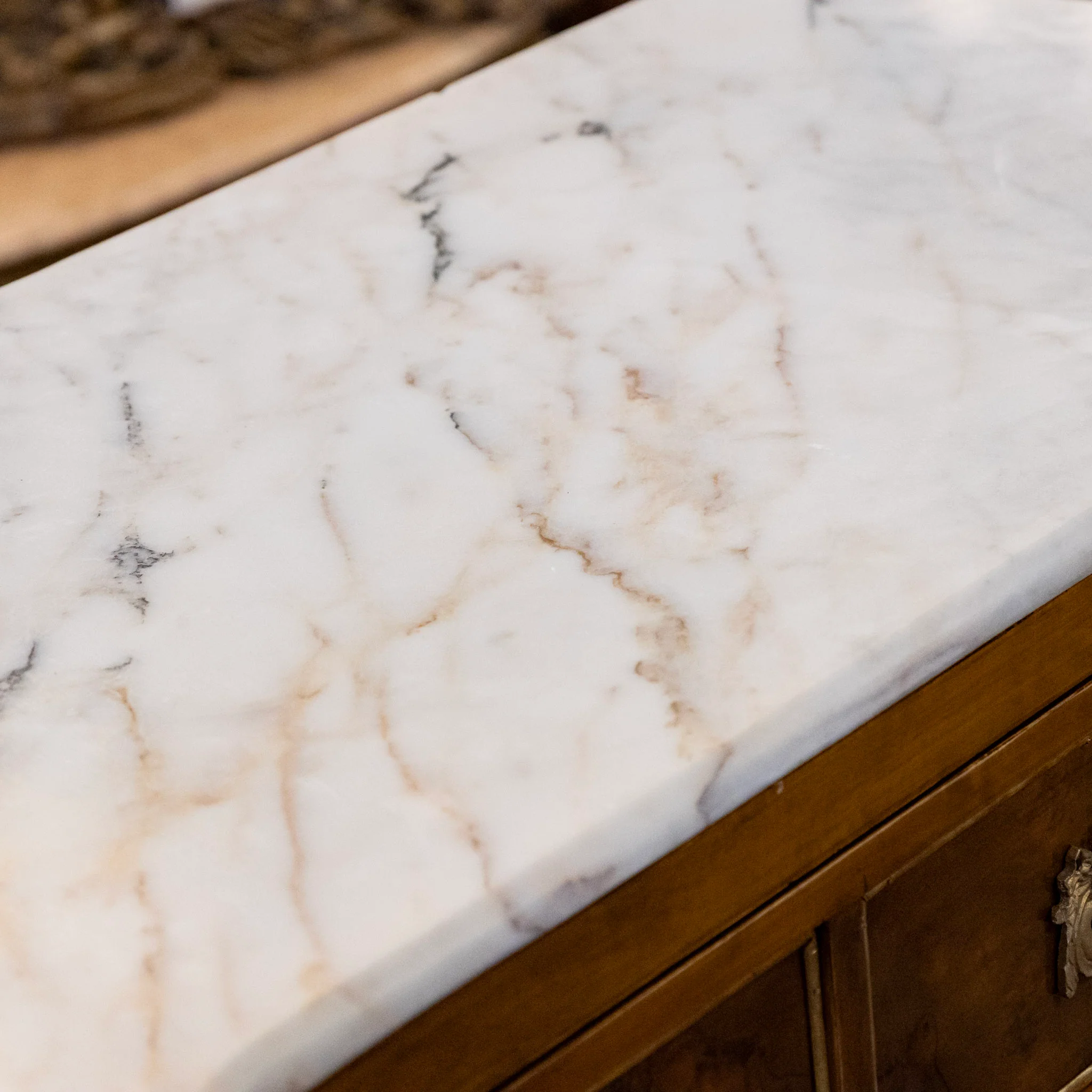 Louis XVI Burl Wood Chest with White Marble Top & Gold Inlay - Image 9