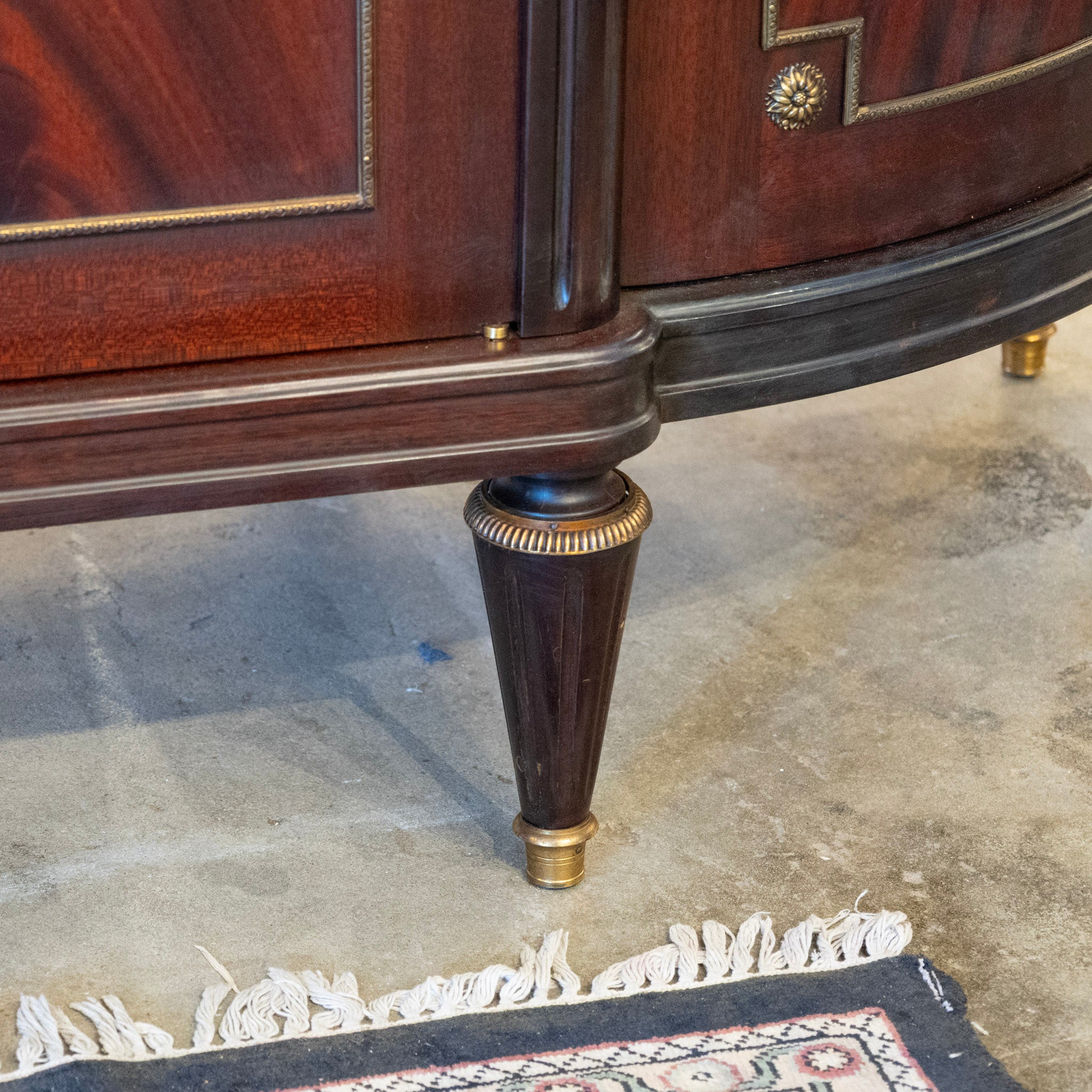 Louis XVI Burl Wood Demilune Sideboard – Brass Trim & White Marble Top - Image 10