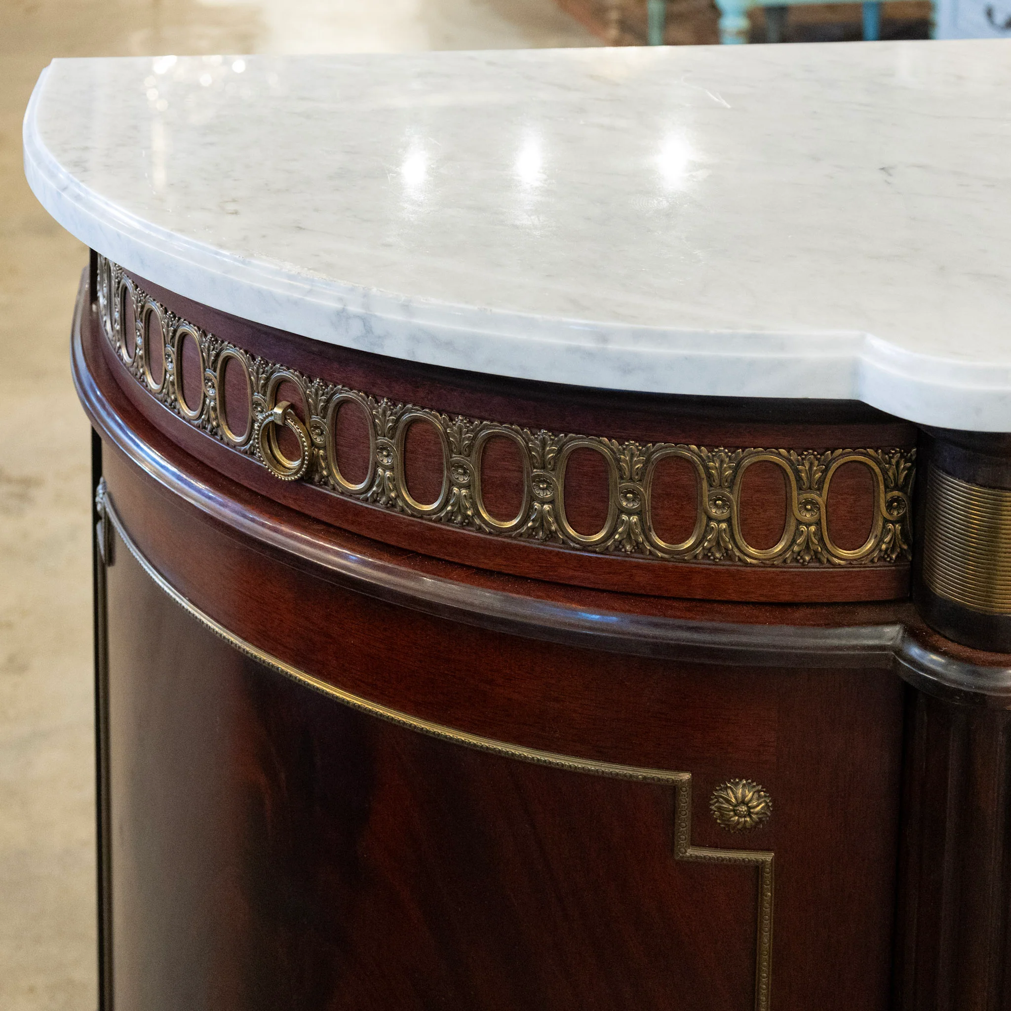 Louis XVI Burl Wood Demilune Sideboard – Brass Trim & White Marble Top - Image 11