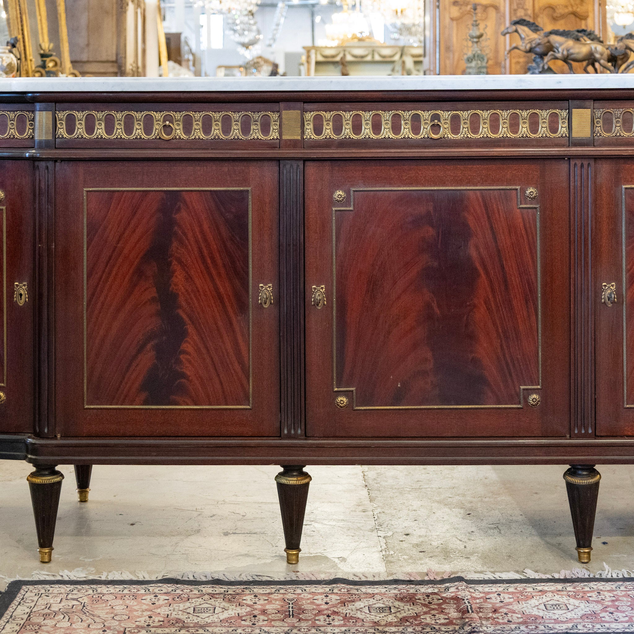 Louis XVI Burl Wood Demilune Sideboard – Brass Trim & White Marble Top - Image 2