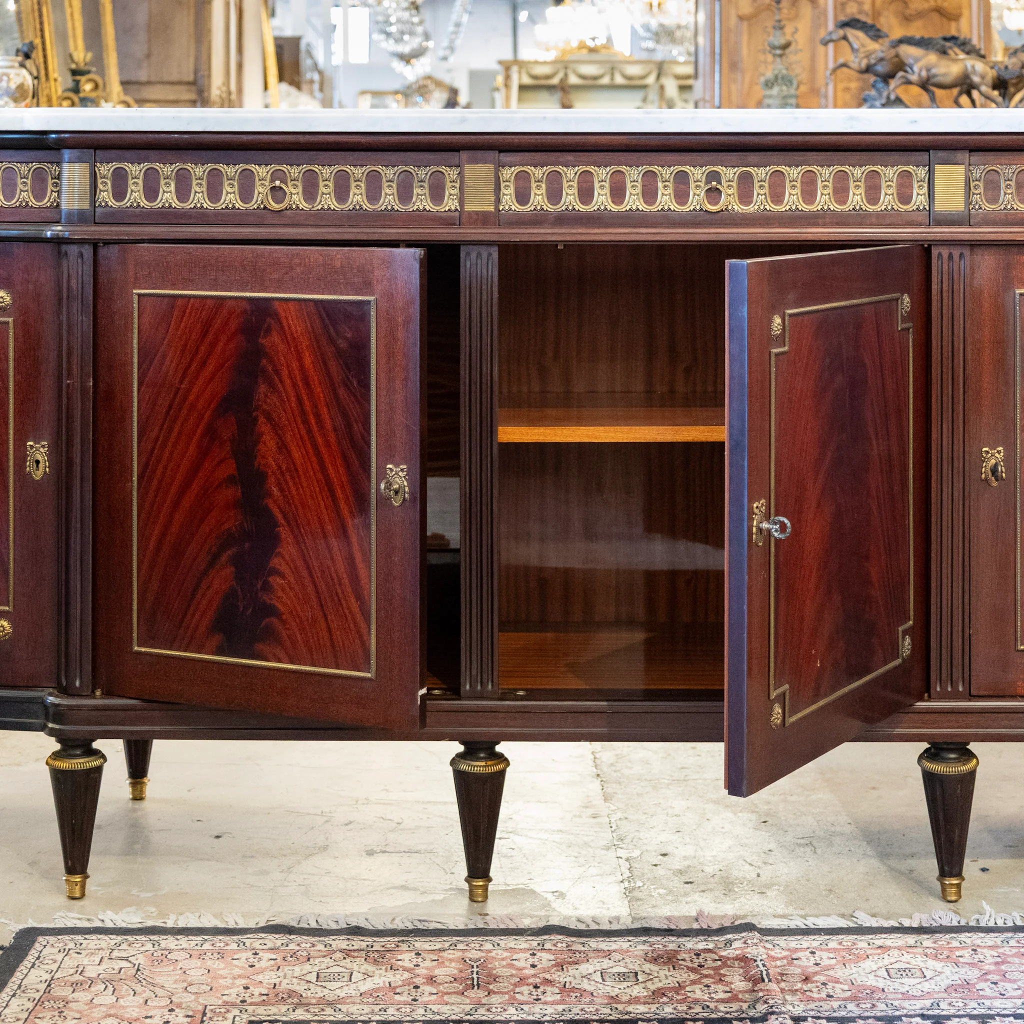 Louis XVI Burl Wood Demilune Sideboard – Brass Trim & White Marble Top - Image 3