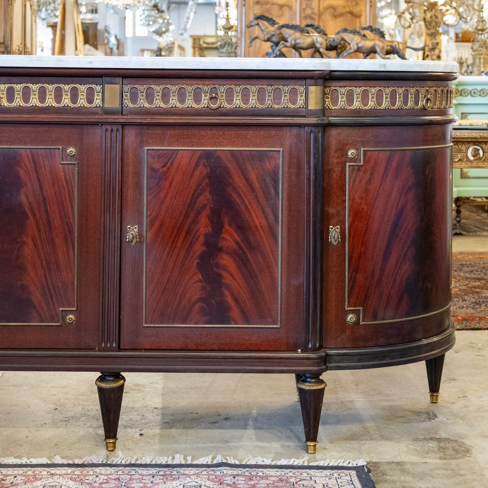 Louis XVI Burl Wood Demilune Sideboard – Brass Trim & White Marble Top - Image 4