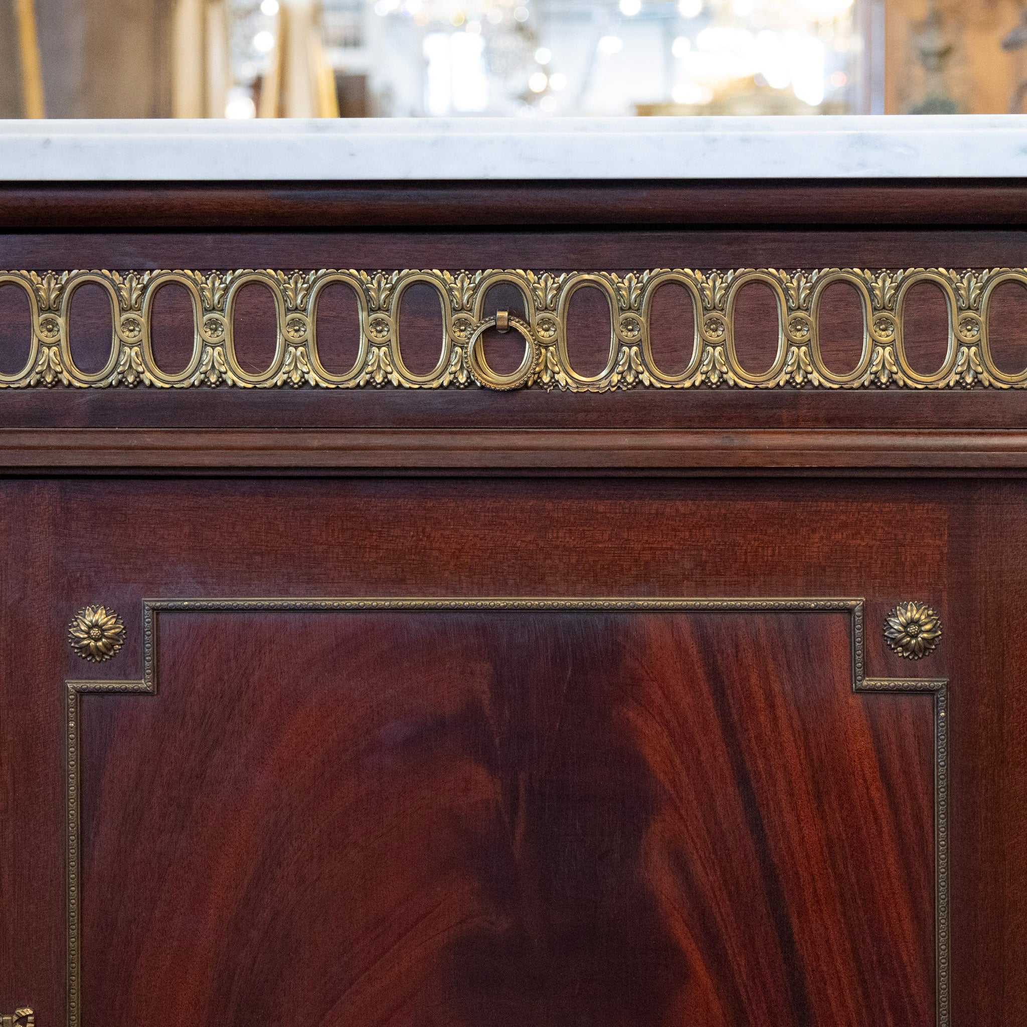 Louis XVI Burl Wood Demilune Sideboard – Brass Trim & White Marble Top - Image 5