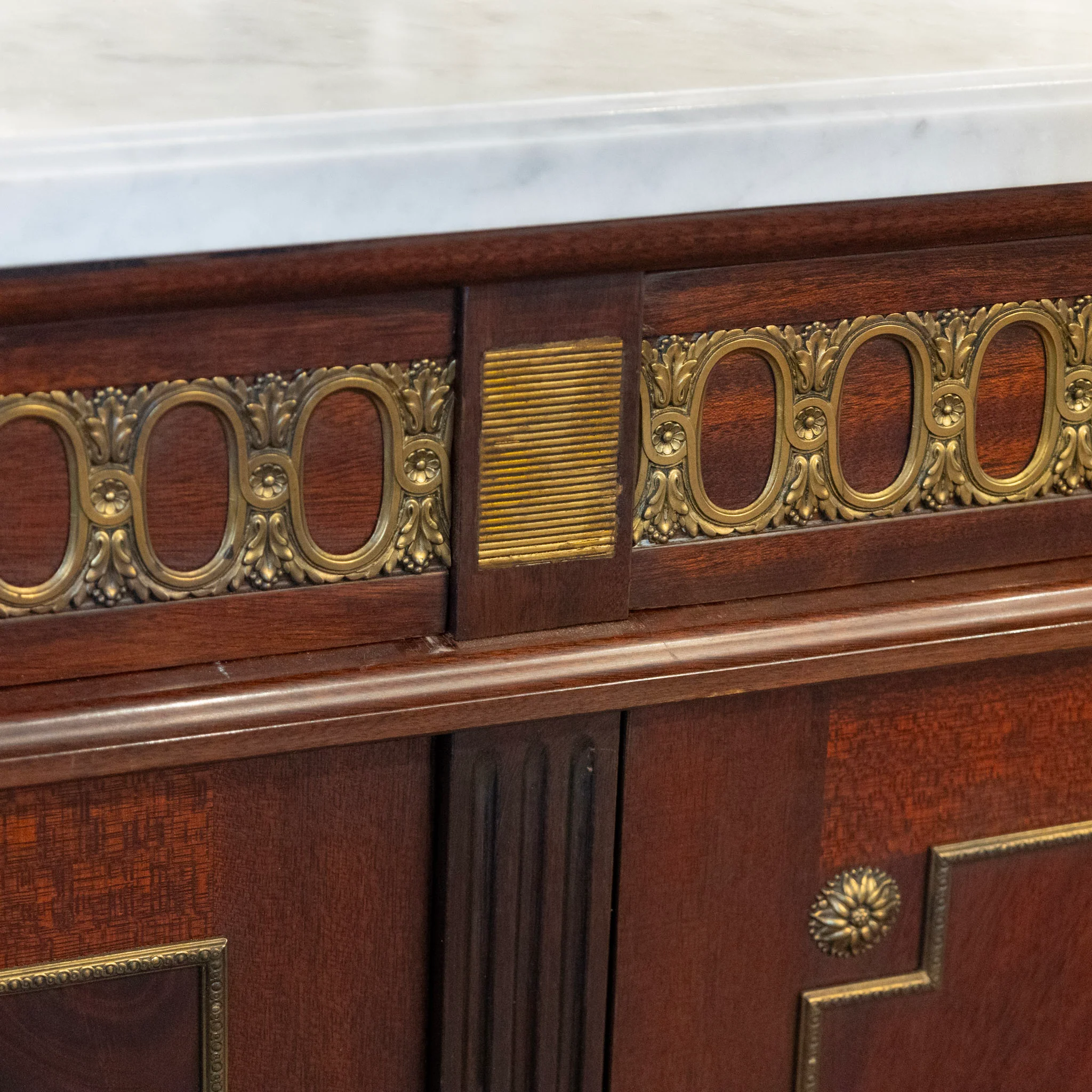 Louis XVI Burl Wood Demilune Sideboard – Brass Trim & White Marble Top - Image 6
