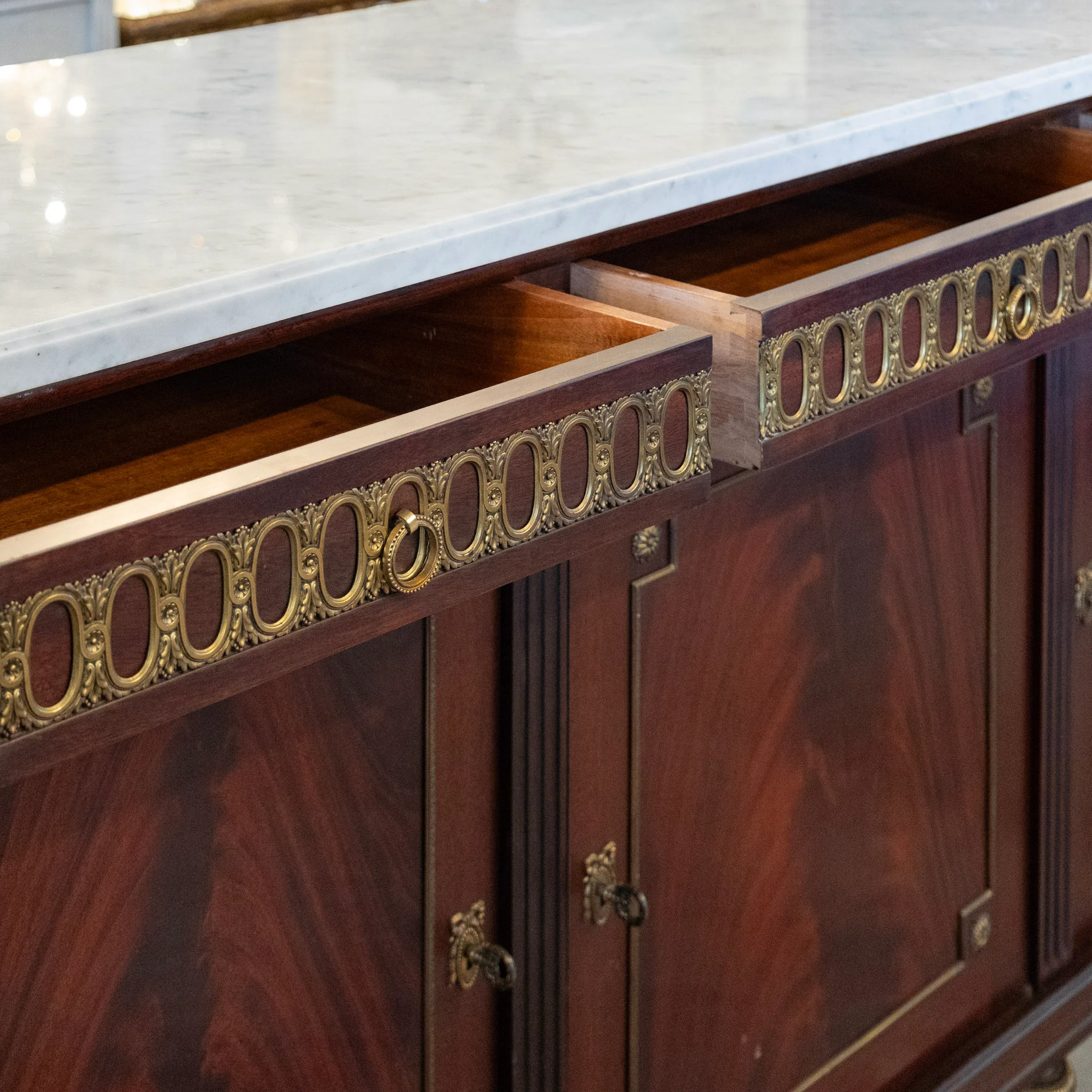 Louis XVI Burl Wood Demilune Sideboard – Brass Trim & White Marble Top - Image 8