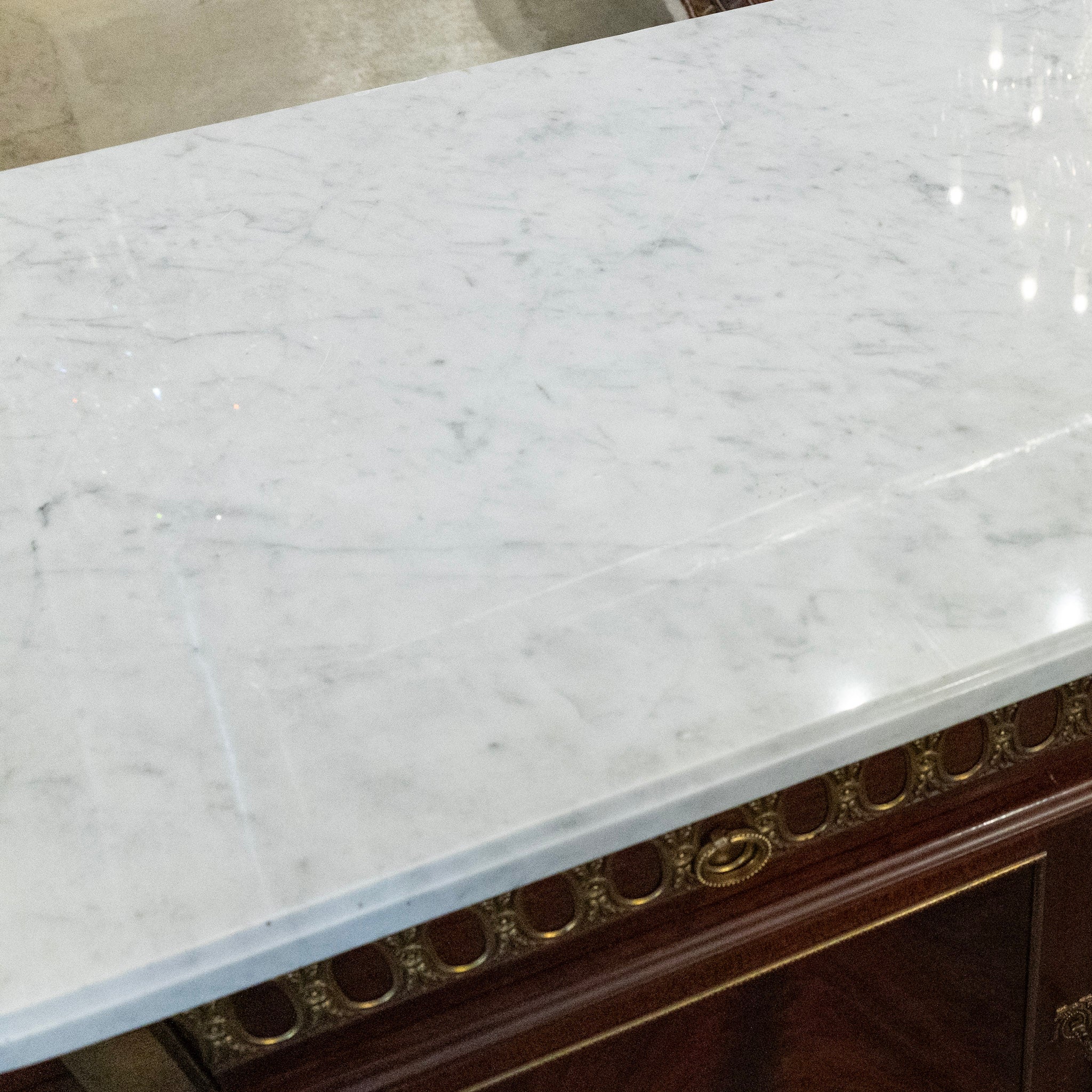 Louis XVI Burl Wood Demilune Sideboard – Brass Trim & White Marble Top - Image 9