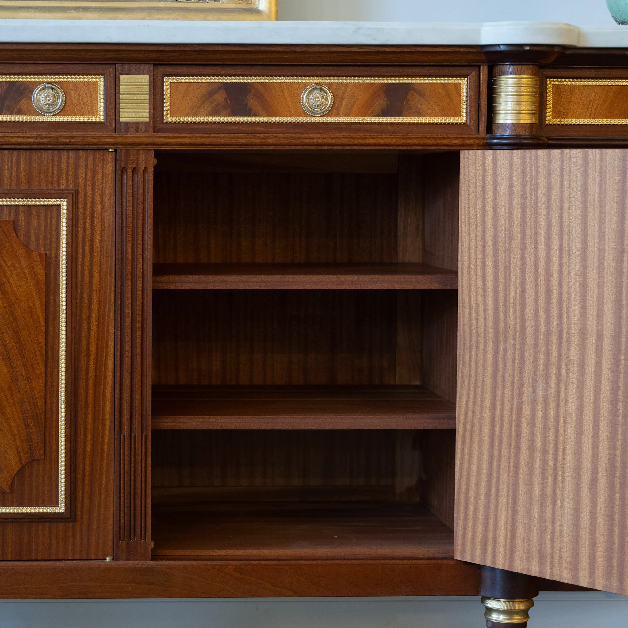 Louis XVI Burl Wood Demilune Sideboard – Gilded Bronze Accents & White Marble Top - Image 10