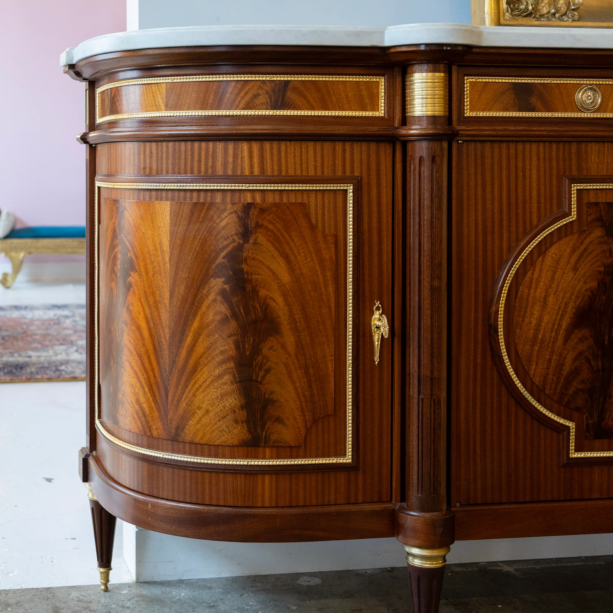 Louis XVI Burl Wood Demilune Sideboard – Gilded Bronze Accents & White Marble Top - Image 11