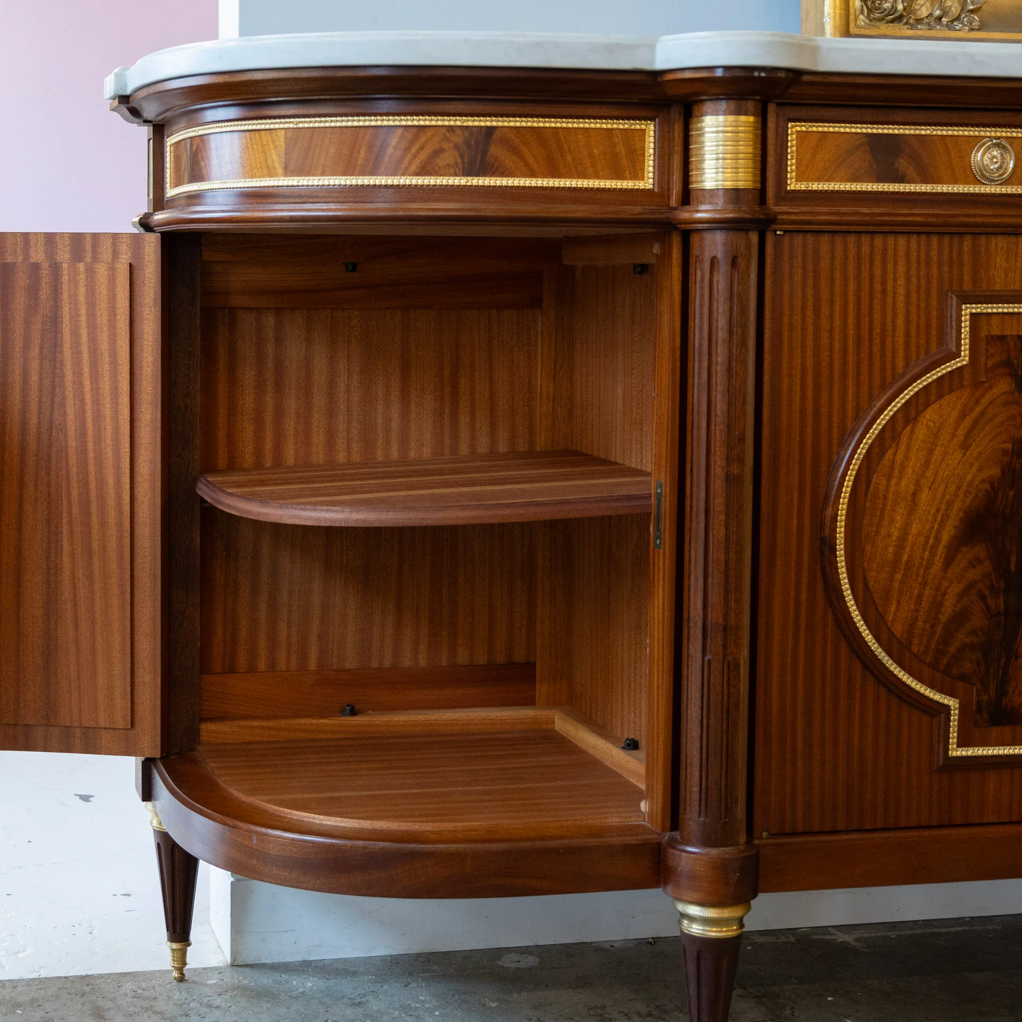 Louis XVI Burl Wood Demilune Sideboard – Gilded Bronze Accents & White Marble Top - Image 12