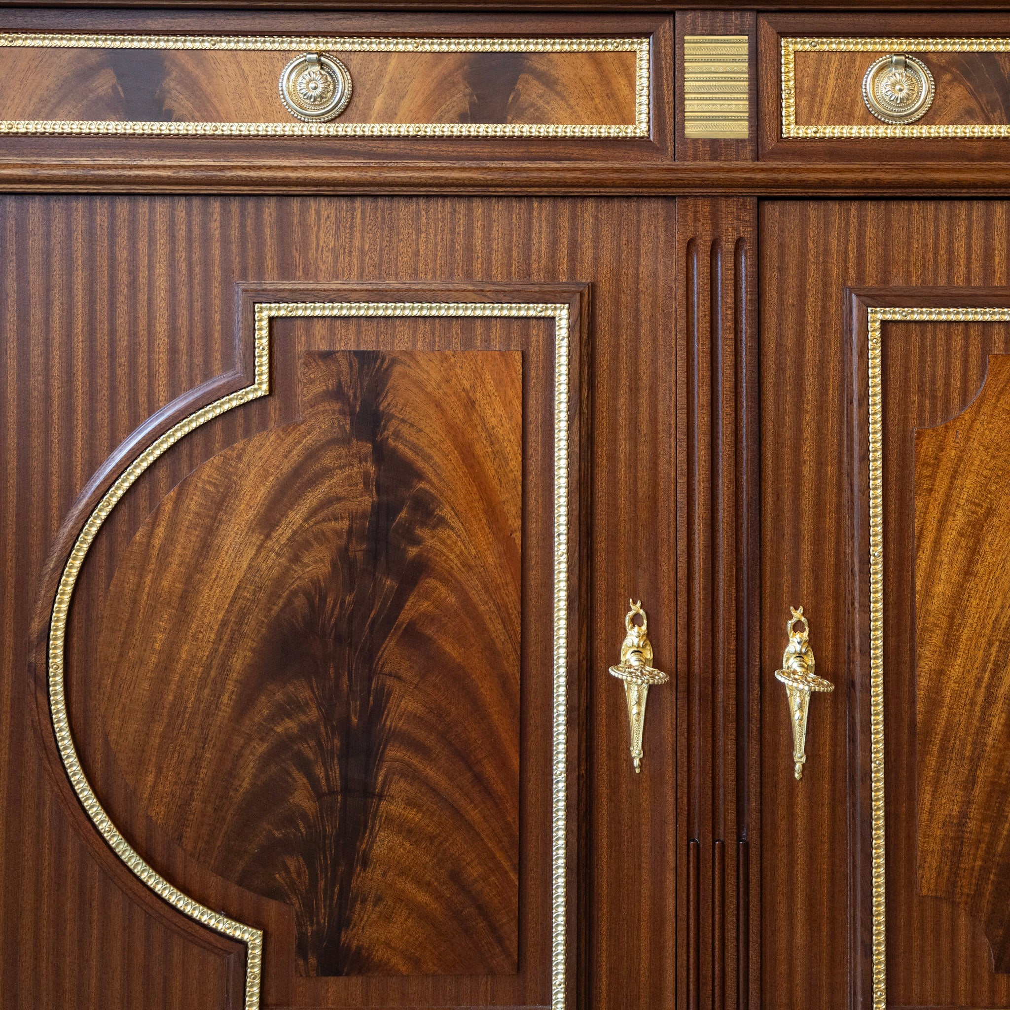 Louis XVI Burl Wood Demilune Sideboard – Gilded Bronze Accents & White Marble Top - Image 14