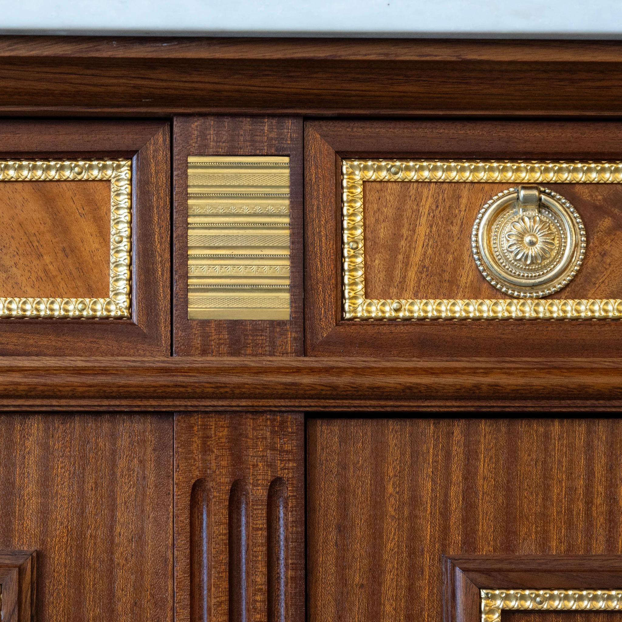 Louis XVI Burl Wood Demilune Sideboard – Gilded Bronze Accents & White Marble Top - Image 15