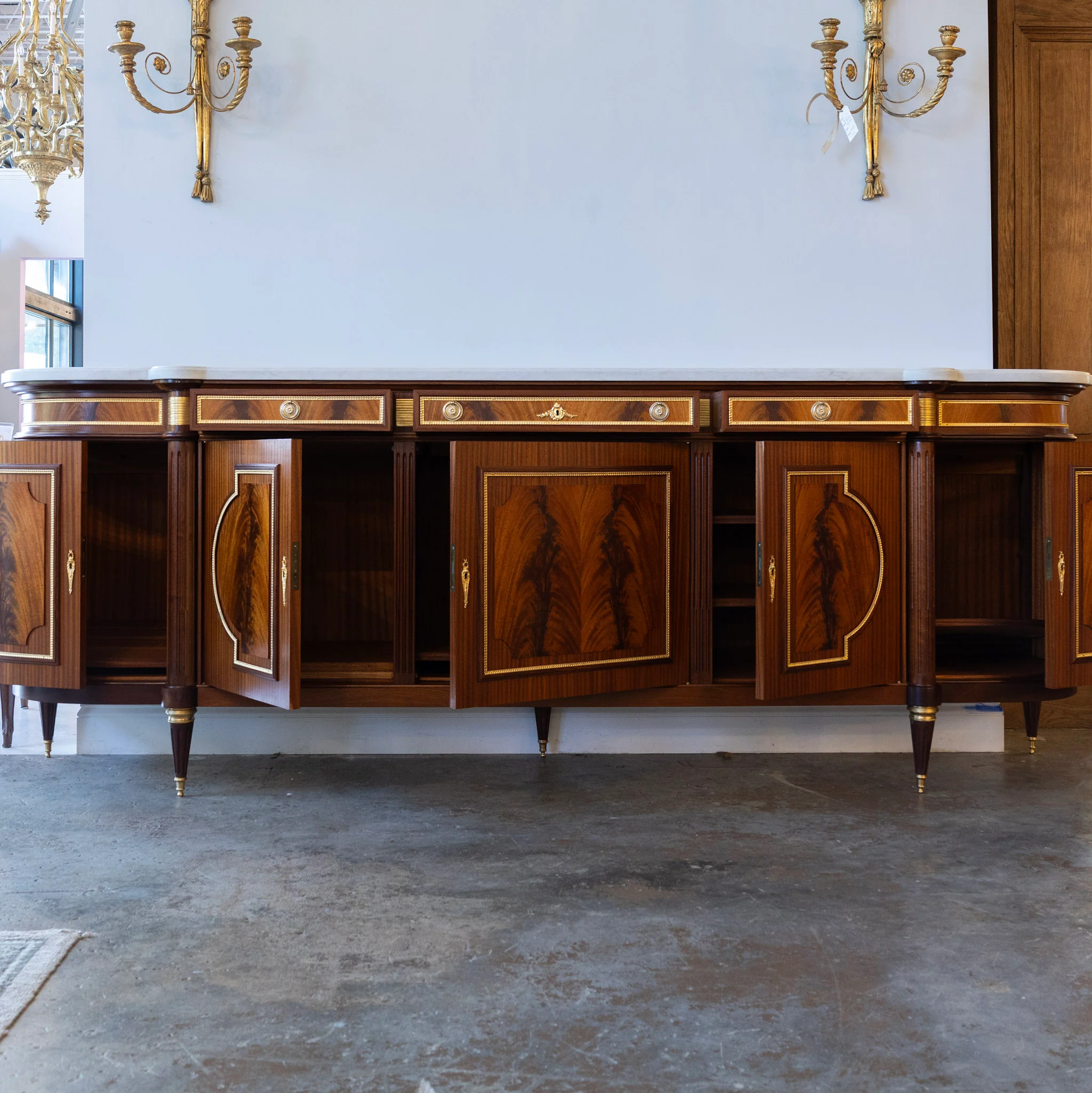 Louis XVI Burl Wood Demilune Sideboard – Gilded Bronze Accents & White Marble Top - Image 2