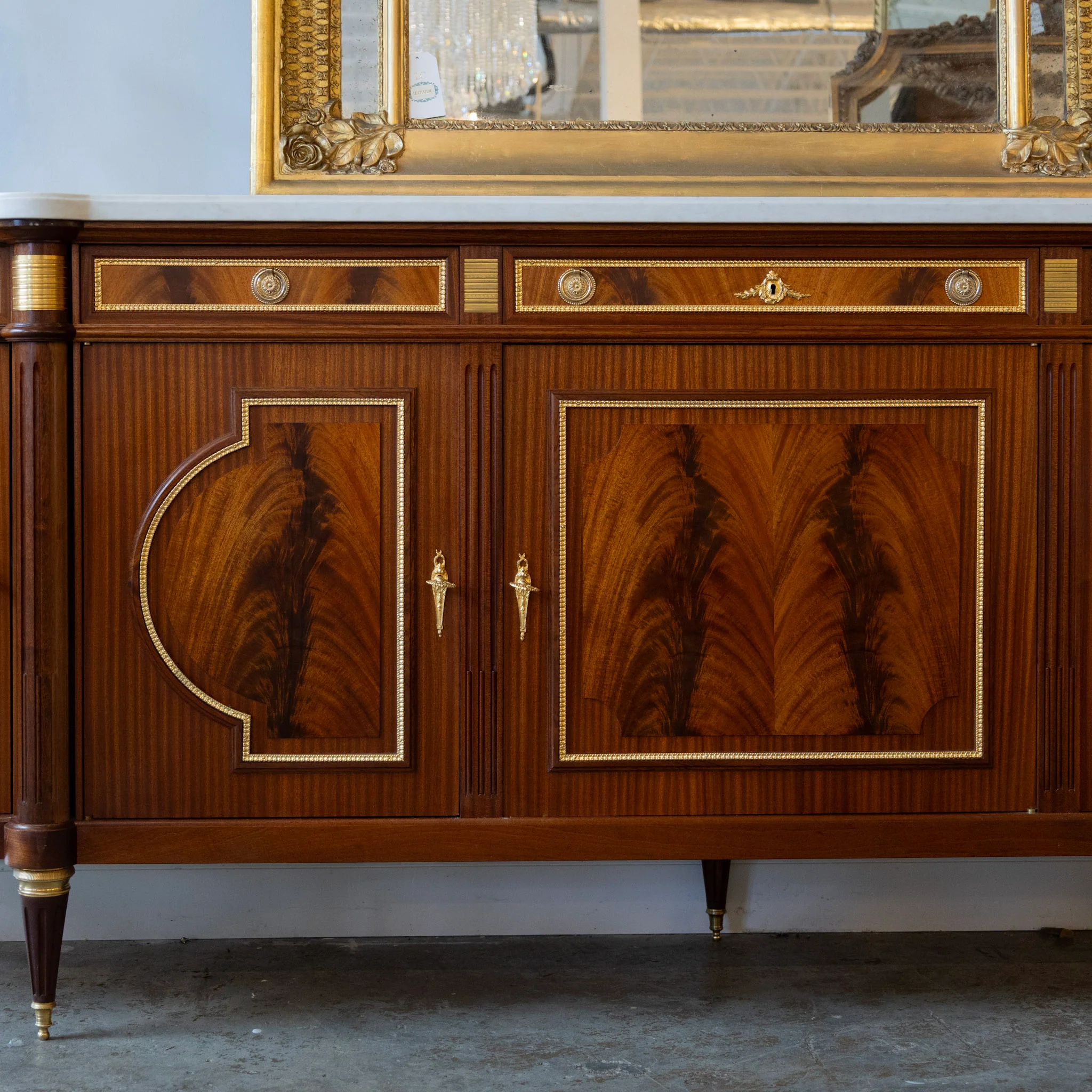 Louis XVI Burl Wood Demilune Sideboard – Gilded Bronze Accents & White Marble Top - Image 4