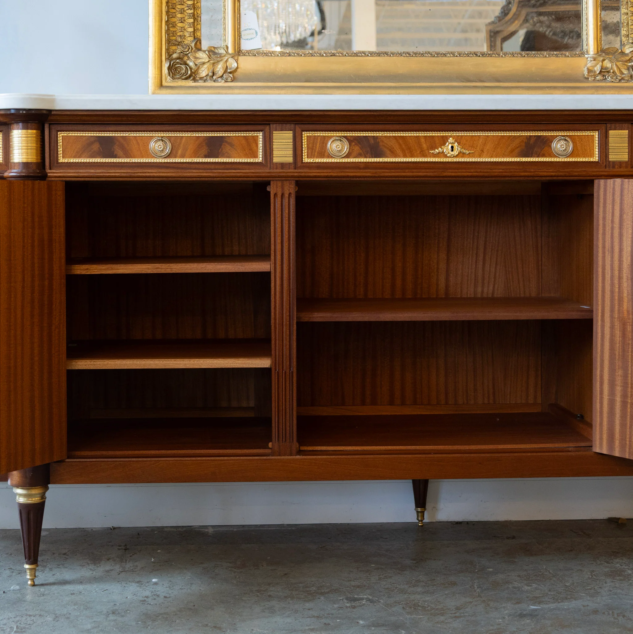 Louis XVI Burl Wood Demilune Sideboard – Gilded Bronze Accents & White Marble Top - Image 5