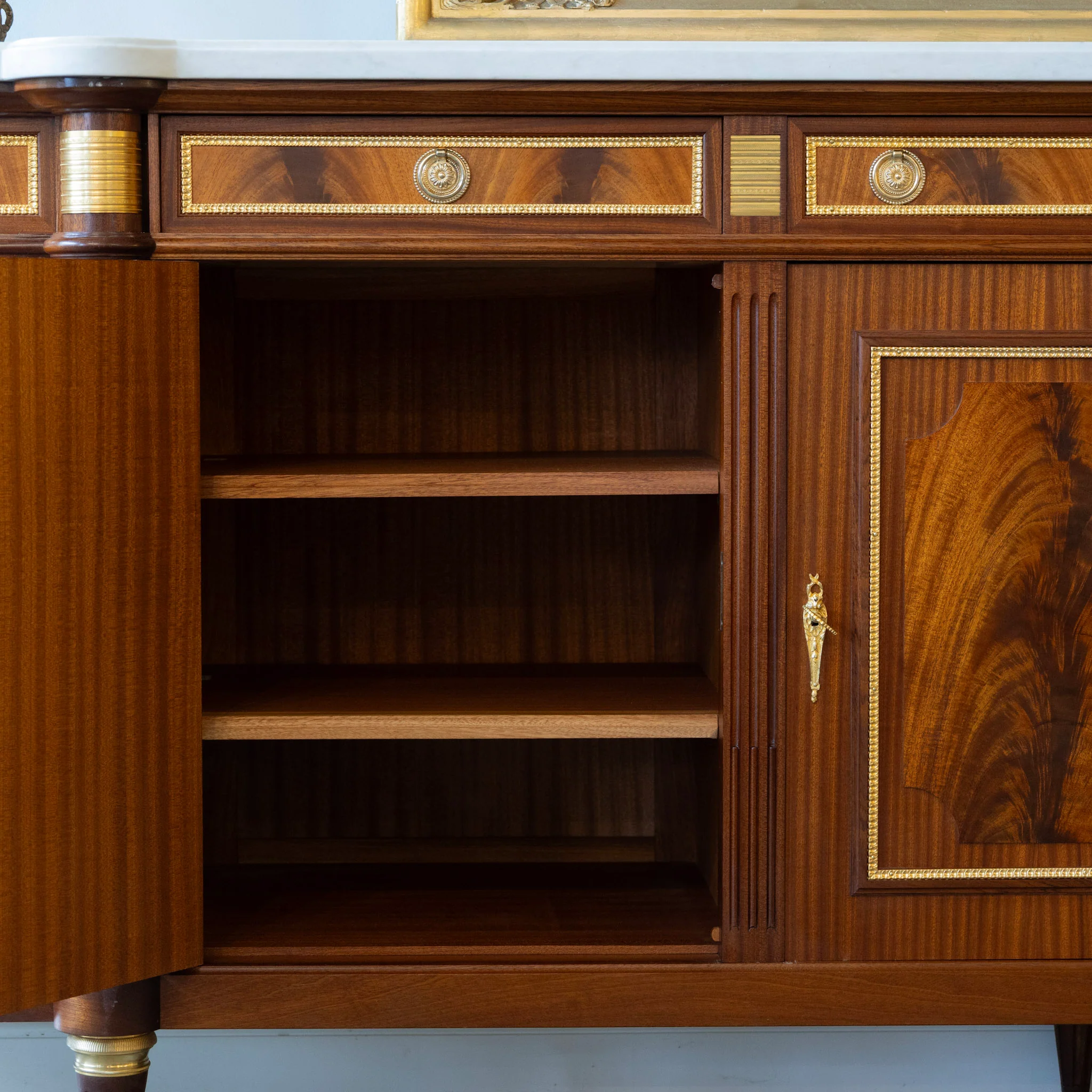 Louis XVI Burl Wood Demilune Sideboard – Gilded Bronze Accents & White Marble Top - Image 8