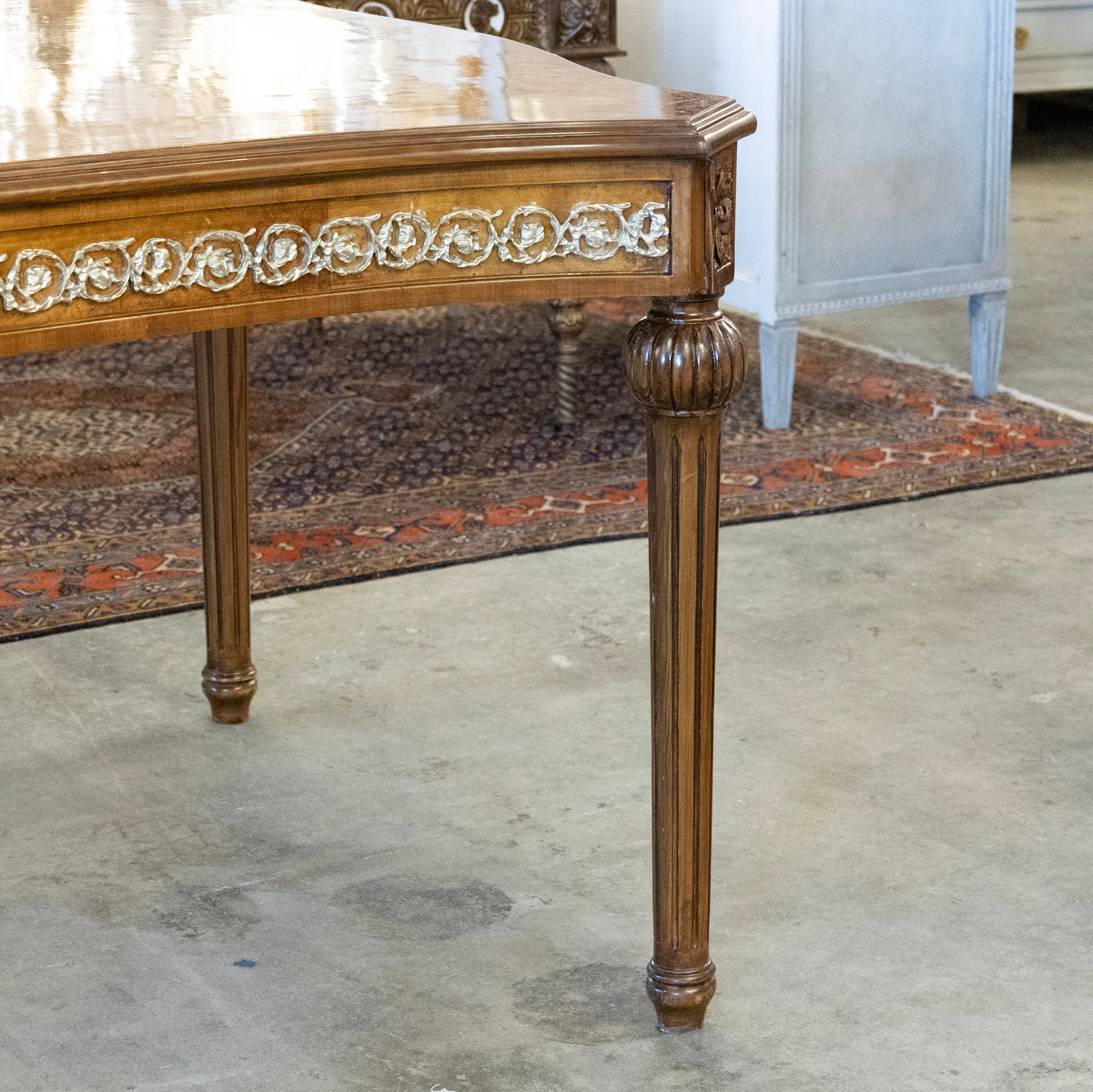 Louis XVI Burl Wood Dining Table – Brass Trim & Ballerina Legs - Image 10
