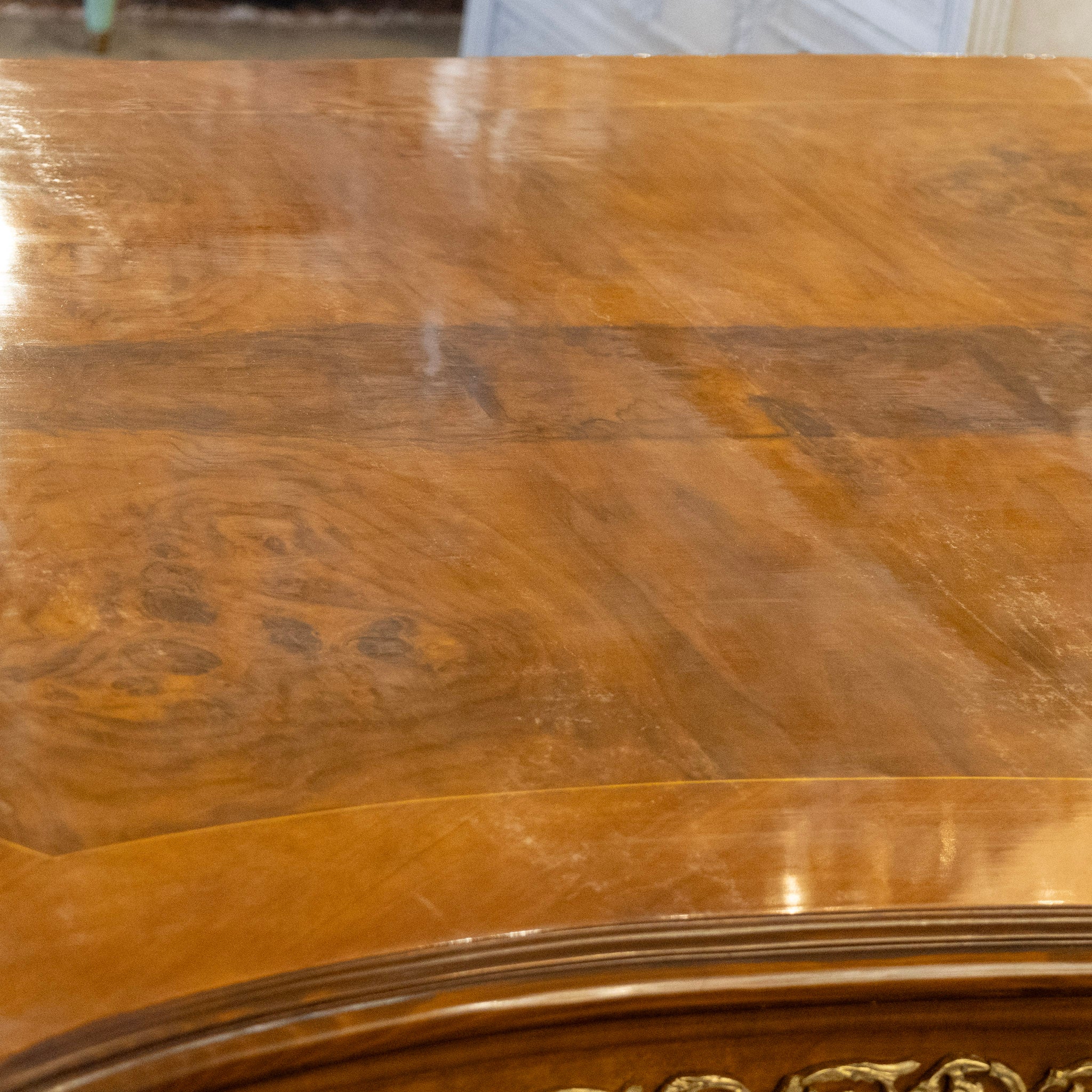 Louis XVI Burl Wood Dining Table – Brass Trim & Ballerina Legs - Image 11