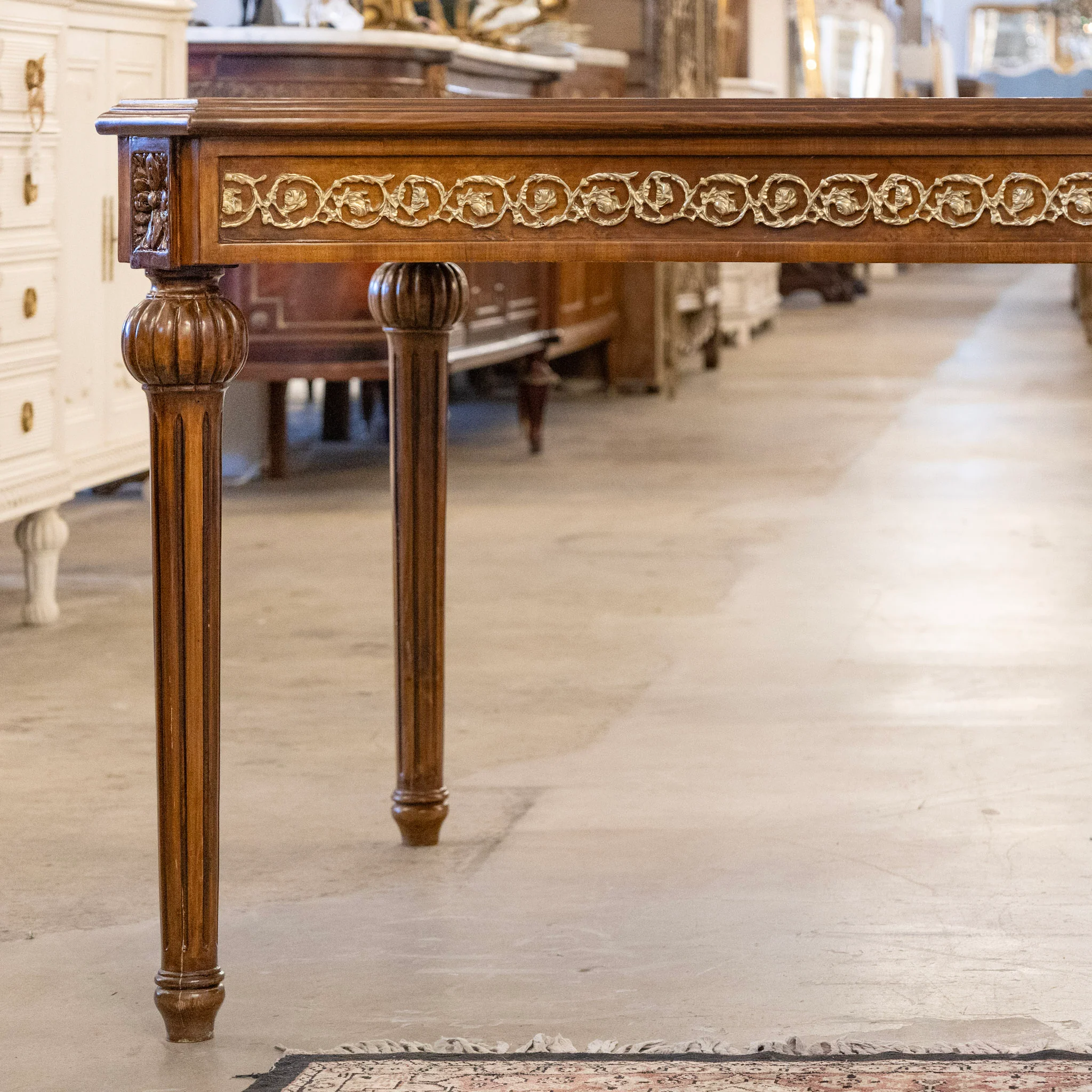 Louis XVI Burl Wood Dining Table – Brass Trim & Ballerina Legs - Image 3