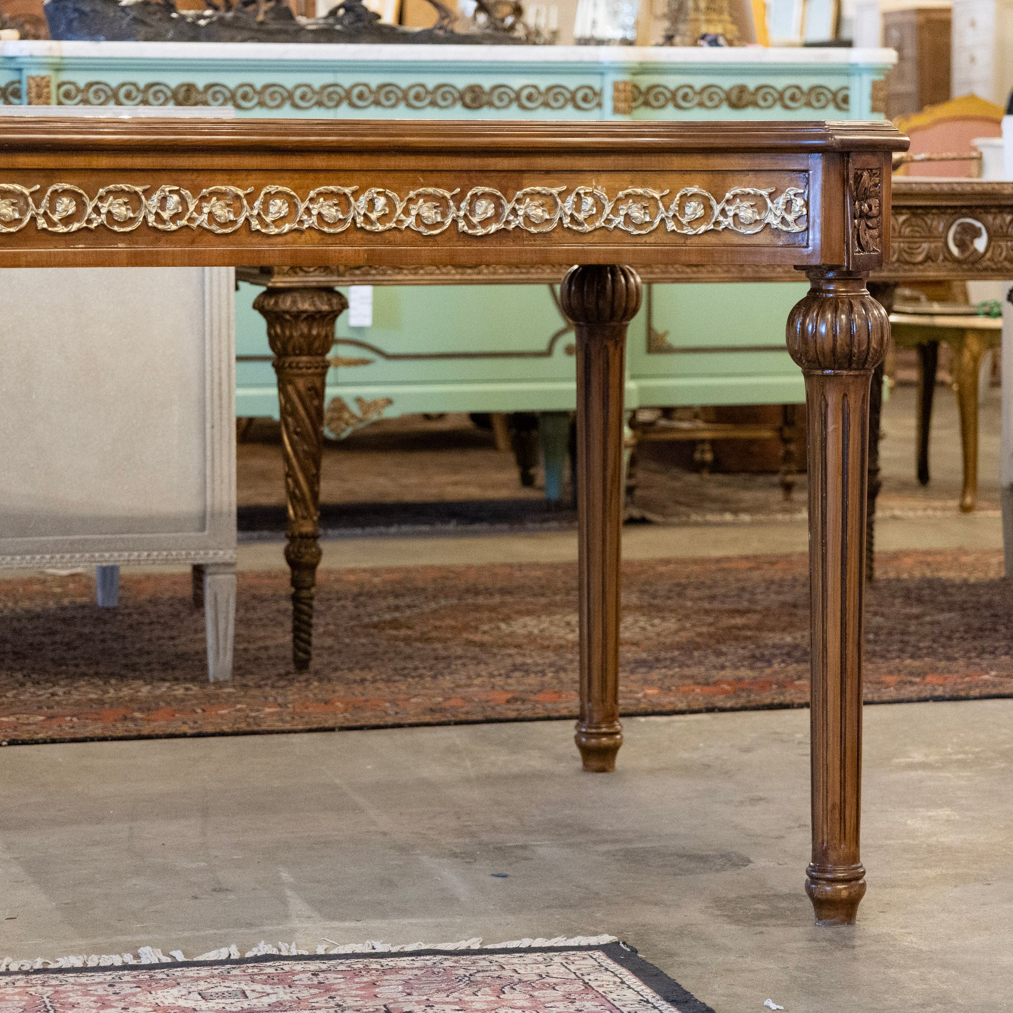 Louis XVI Burl Wood Dining Table – Brass Trim & Ballerina Legs - Image 4
