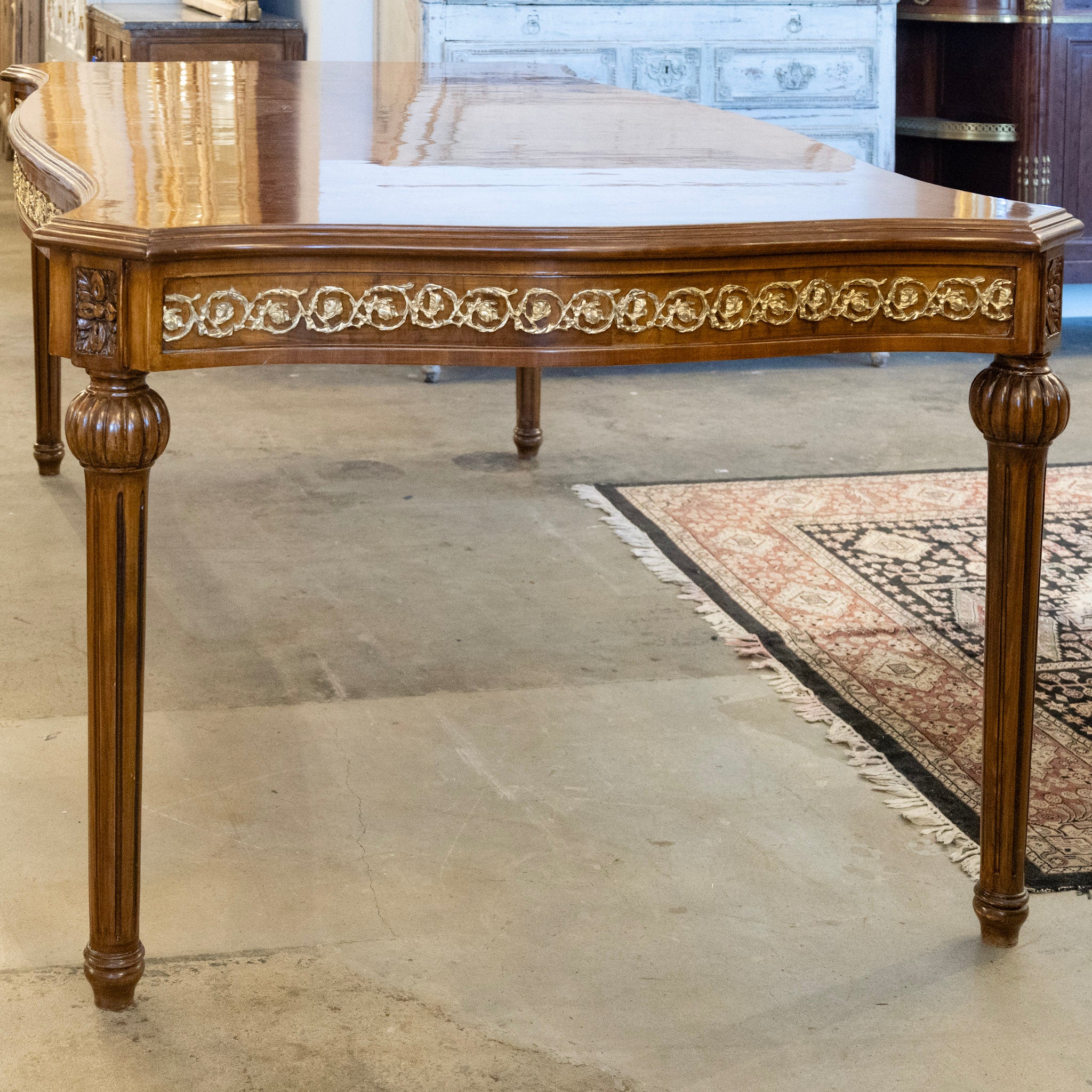 Louis XVI Burl Wood Dining Table – Brass Trim & Ballerina Legs - Image 5