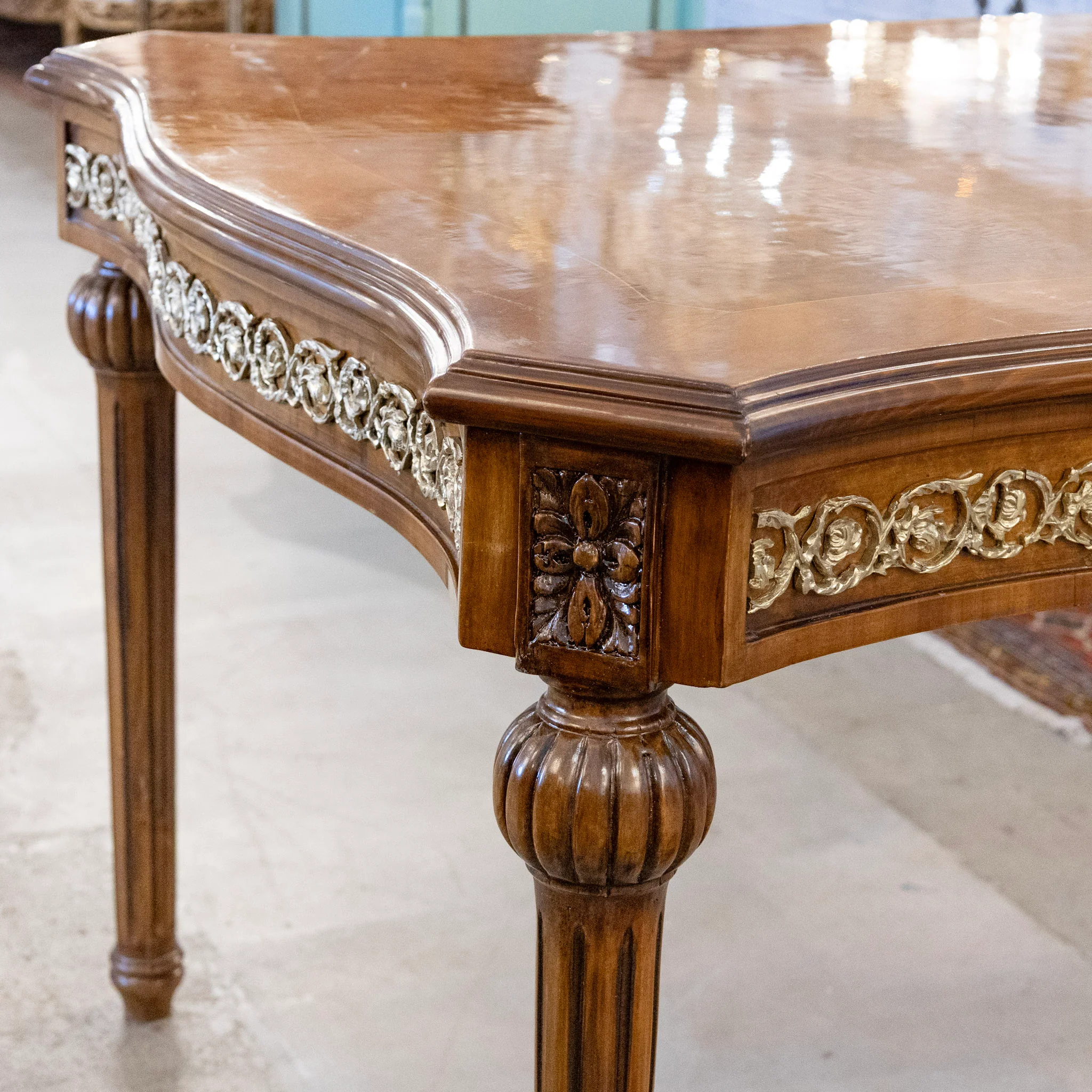 Louis XVI Burl Wood Dining Table – Brass Trim & Ballerina Legs - Image 6