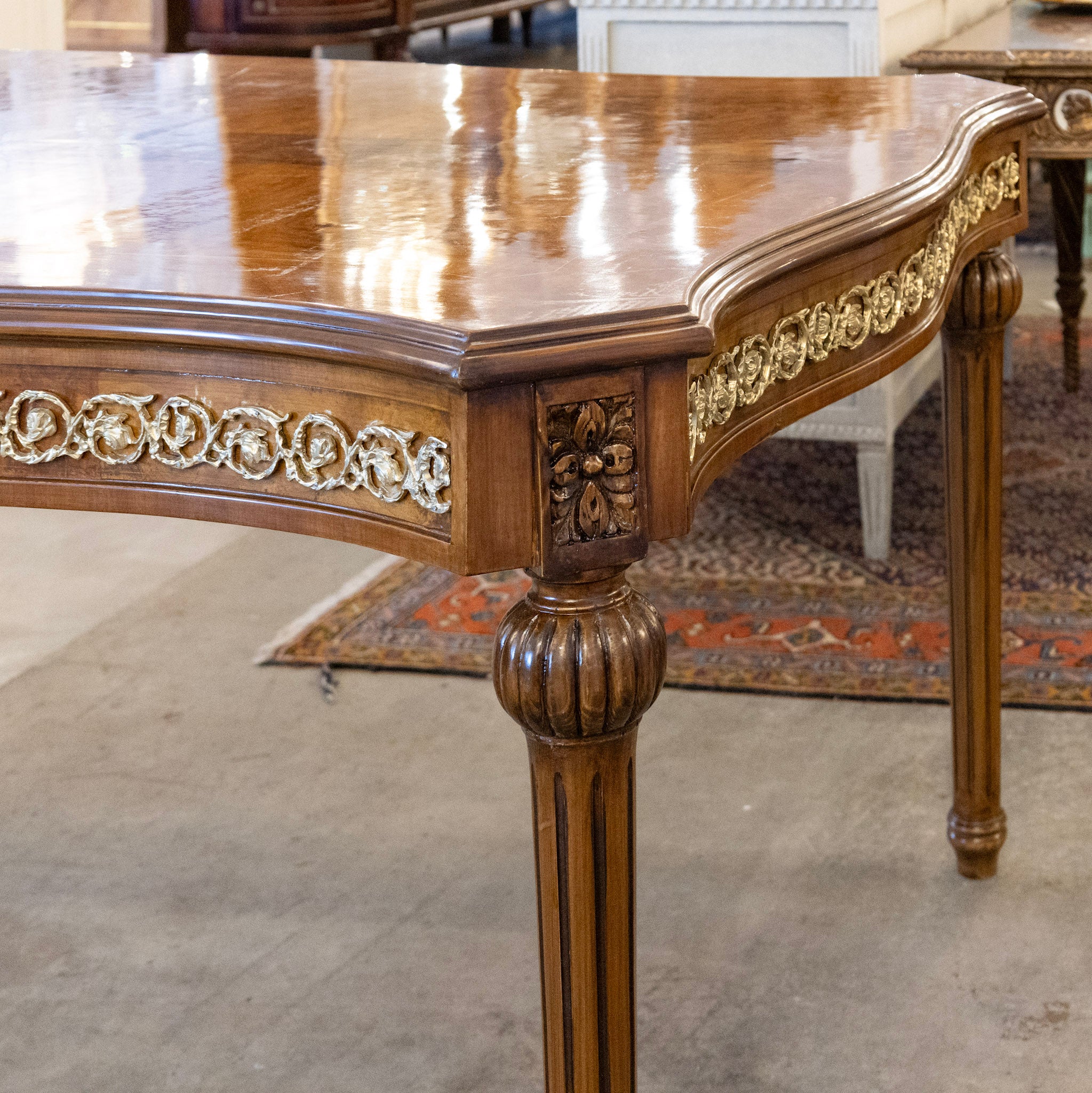 Louis XVI Burl Wood Dining Table – Brass Trim & Ballerina Legs - Image 8