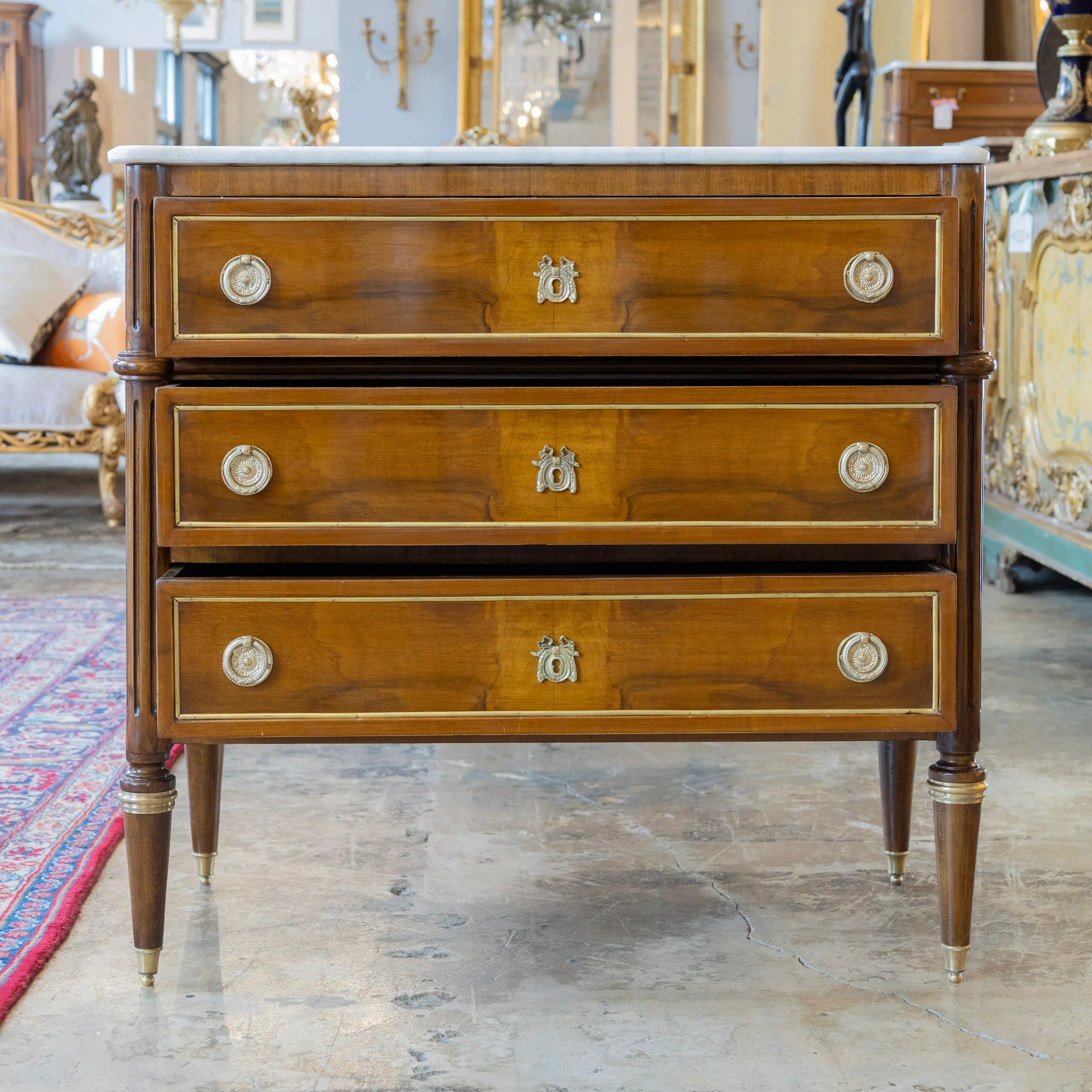 Louis XVI Burl Wood Nightstand – Gold Inlay & White Marble Top - Image 2