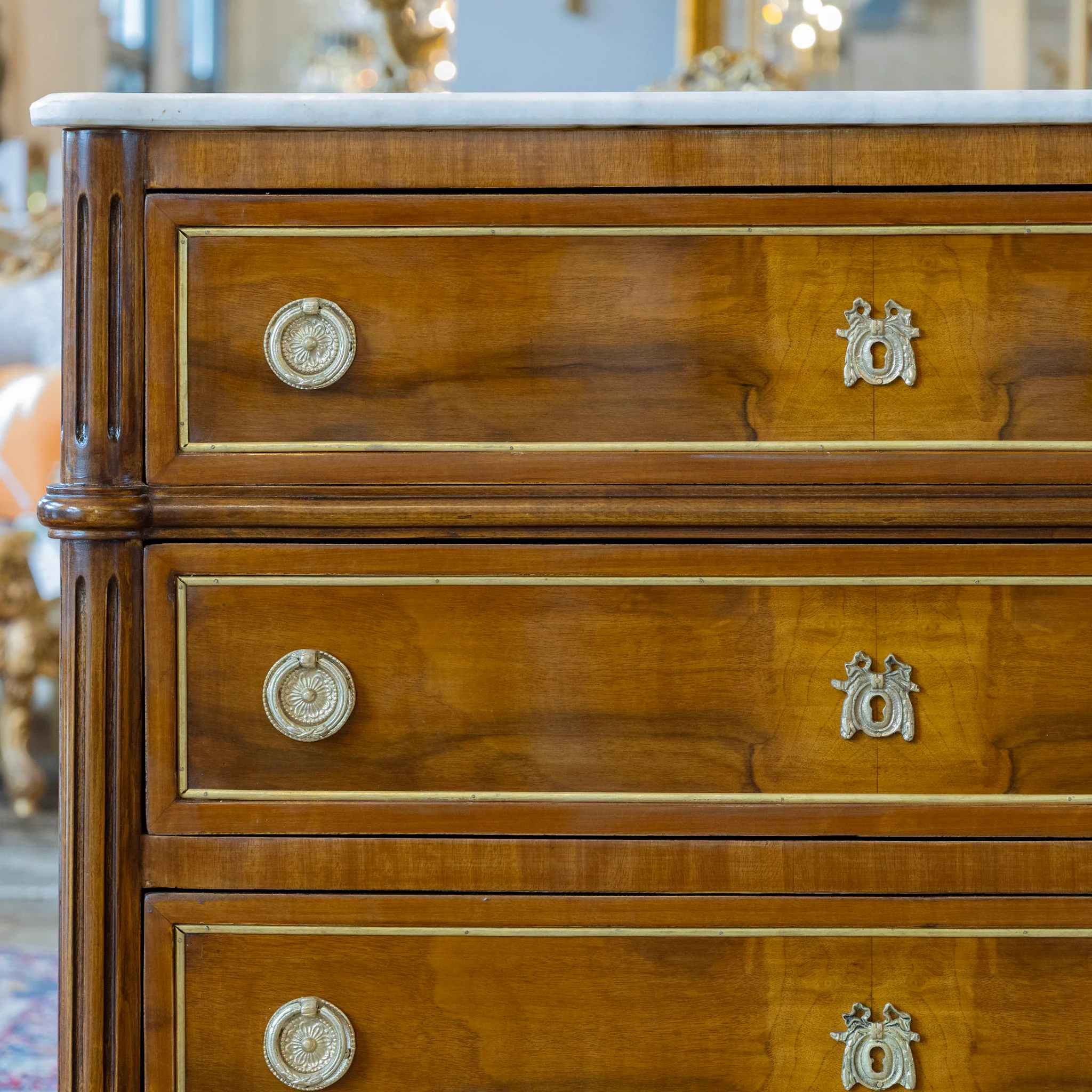 Louis XVI Burl Wood Nightstand – Gold Inlay & White Marble Top - Image 4
