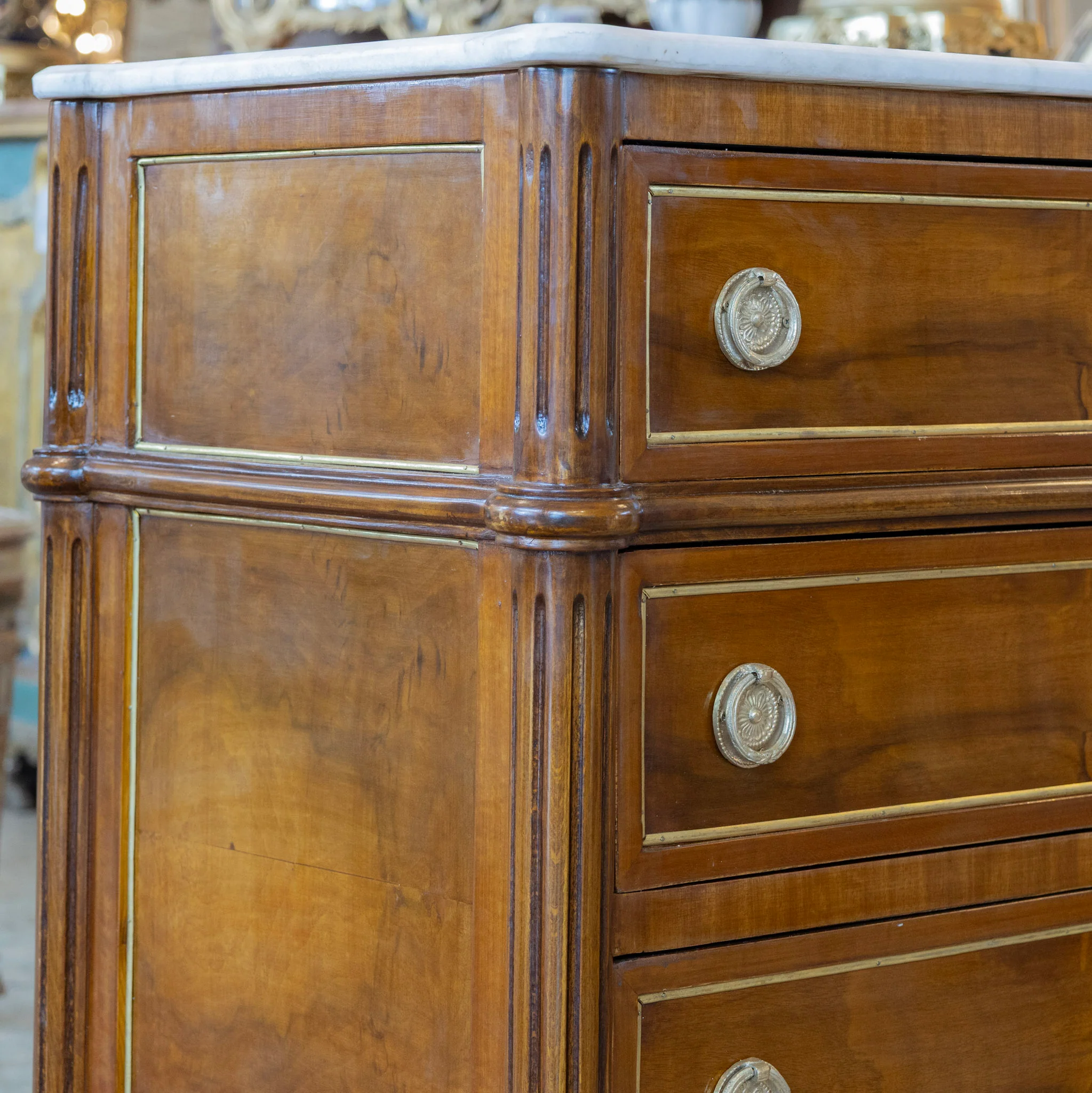 Louis XVI Burl Wood Nightstand – Gold Inlay & White Marble Top - Image 6