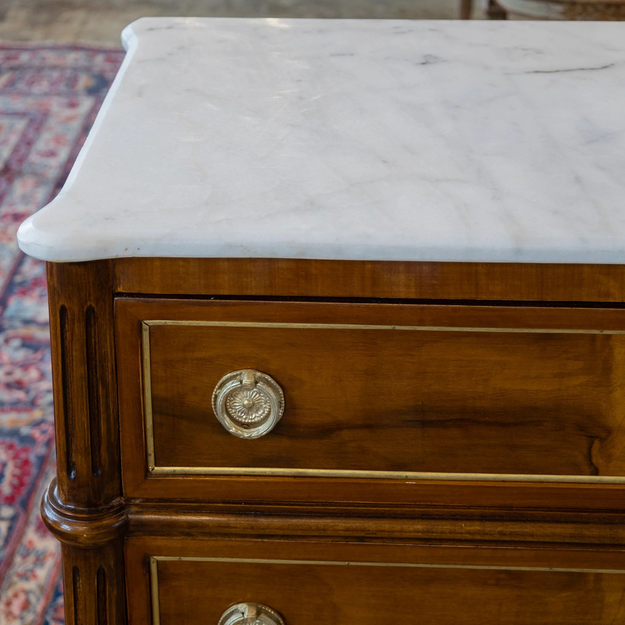 Louis XVI Burl Wood Nightstand – Gold Inlay & White Marble Top - Image 7