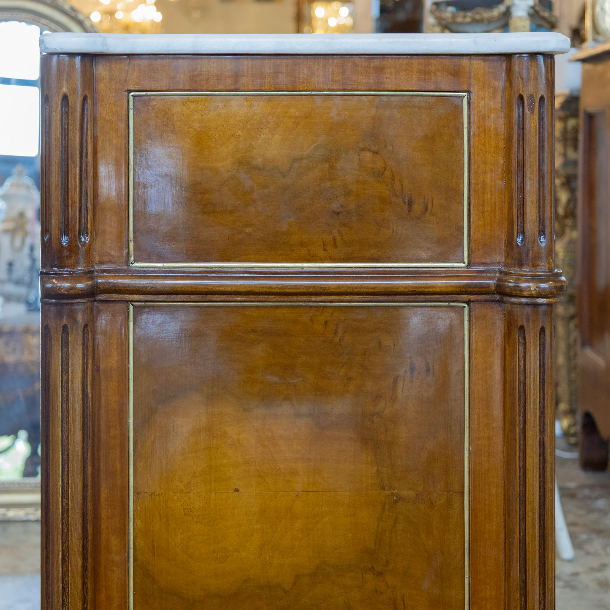 Louis XVI Burl Wood Nightstand – Gold Inlay & White Marble Top - Image 8