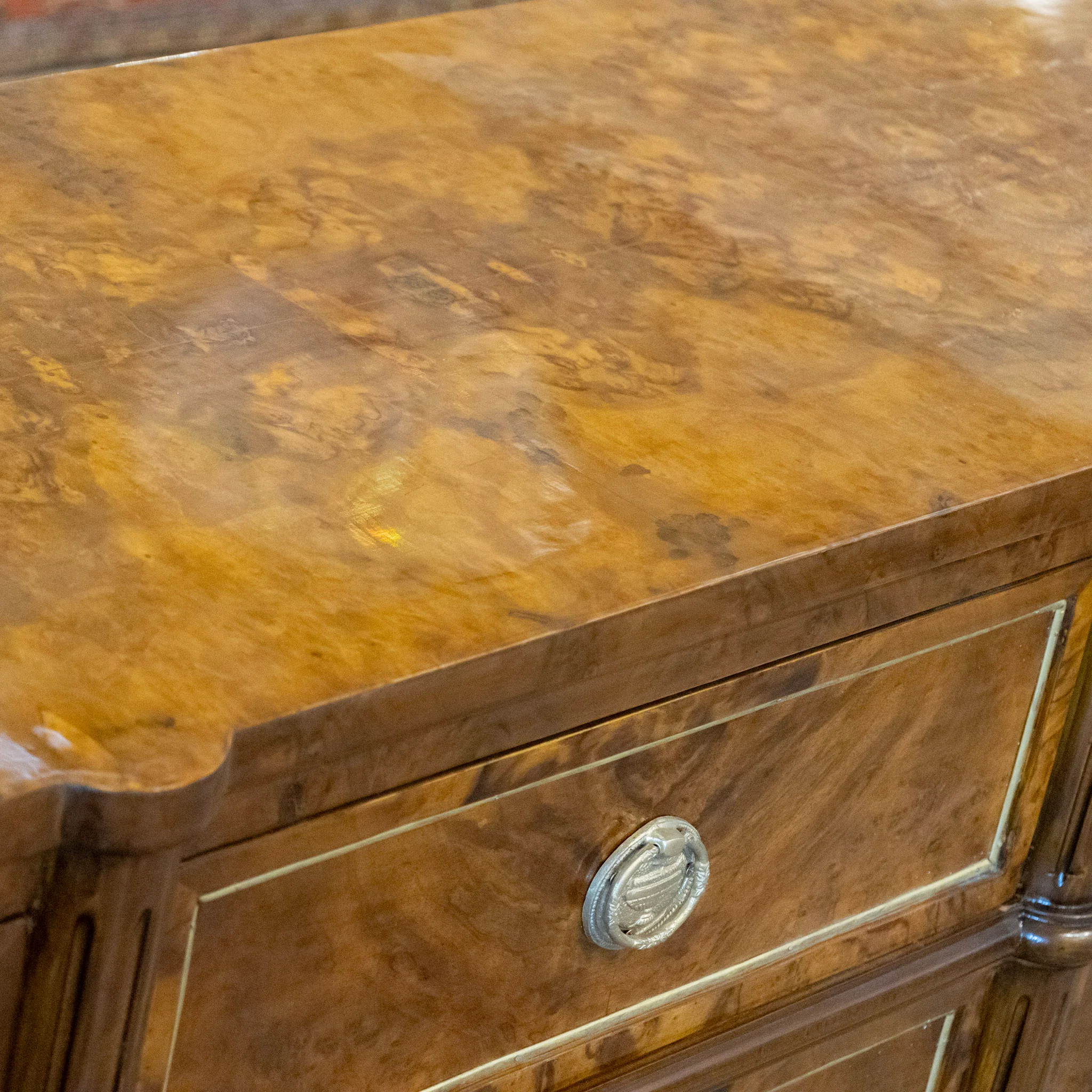 Louis XVI Burl Wood Nine Drawer Dresser – Brass Inlay & Greek Pulls - Image 10