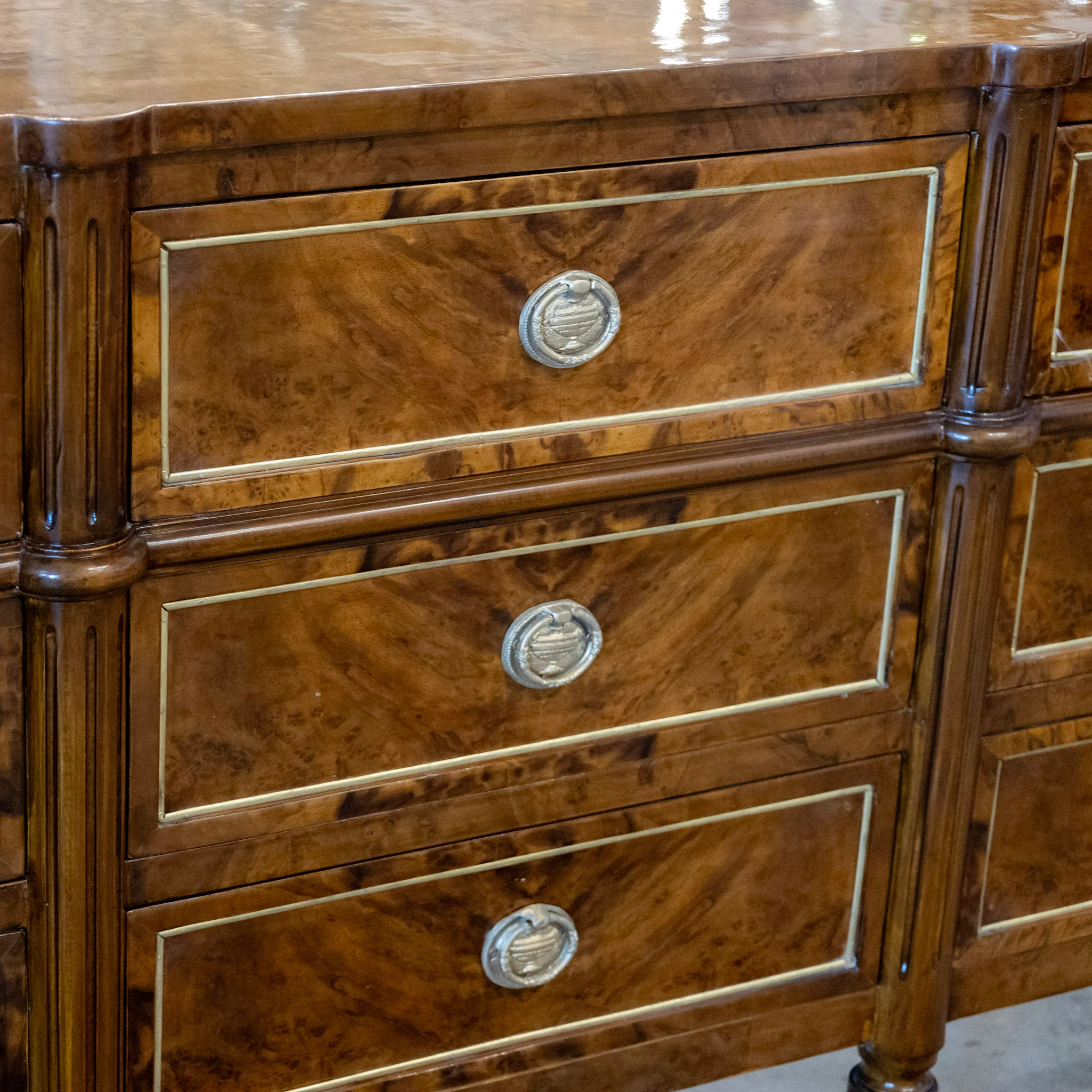 Louis XVI Burl Wood Nine Drawer Dresser – Brass Inlay & Greek Pulls - Image 11